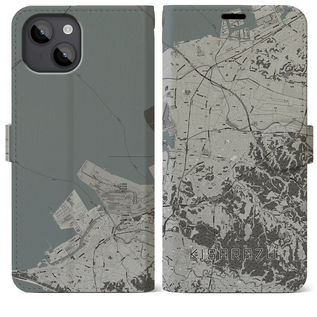 【木更津(千葉県)】地図柄iPhoneケース(手帳タイプ)モノトーン・iPhone 14 Plus 用