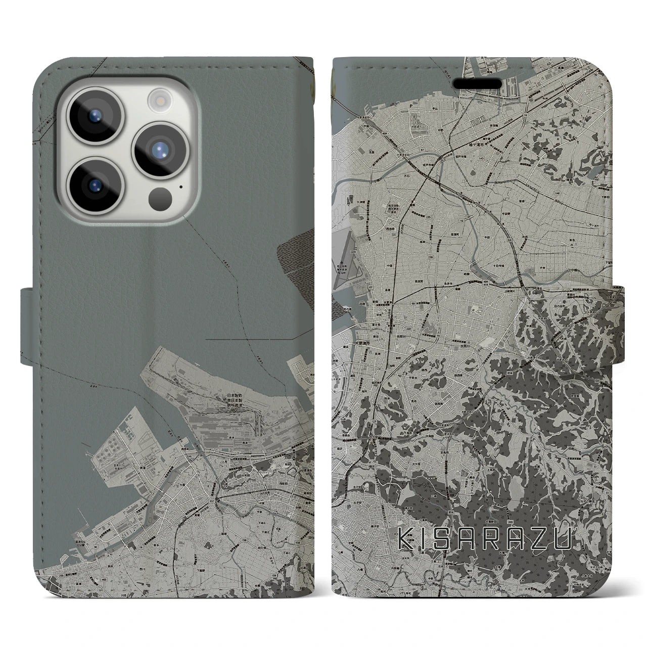 【木更津(千葉県)】地図柄iPhoneケース(手帳タイプ)モノトーン・iPhone 15 Pro 用