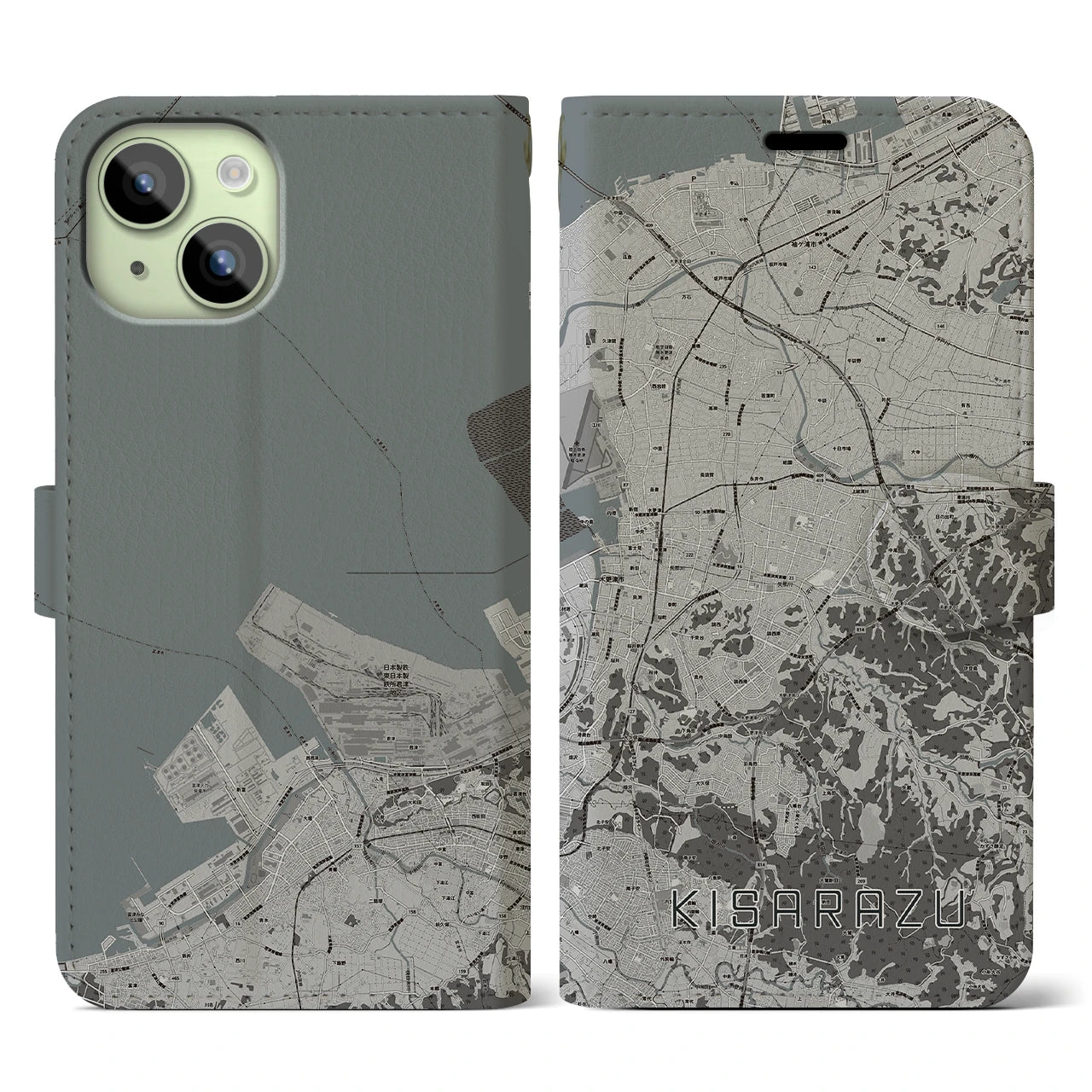 【木更津(千葉県)】地図柄iPhoneケース(手帳タイプ)モノトーン・iPhone 15 用