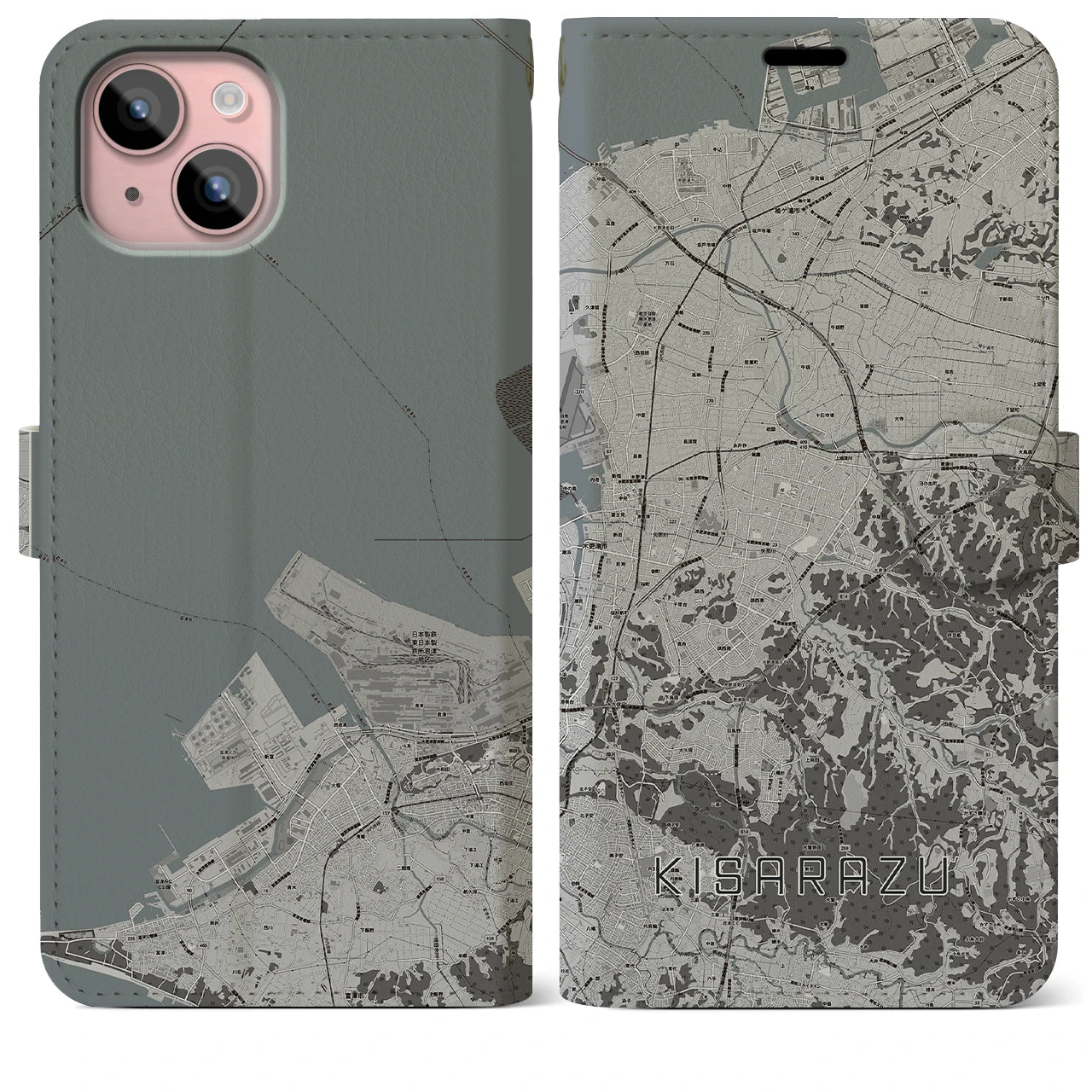 【木更津(千葉県)】地図柄iPhoneケース(手帳タイプ)モノトーン・iPhone 15 Plus 用