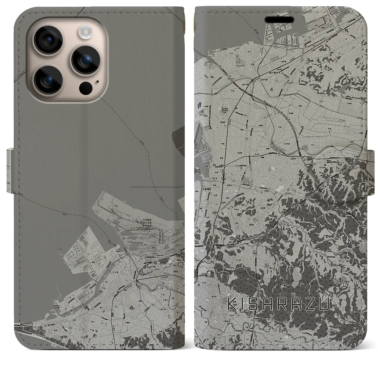【木更津(千葉県)】地図柄iPhoneケース(手帳タイプ)モノトーン・iPhone 16 Plus 用