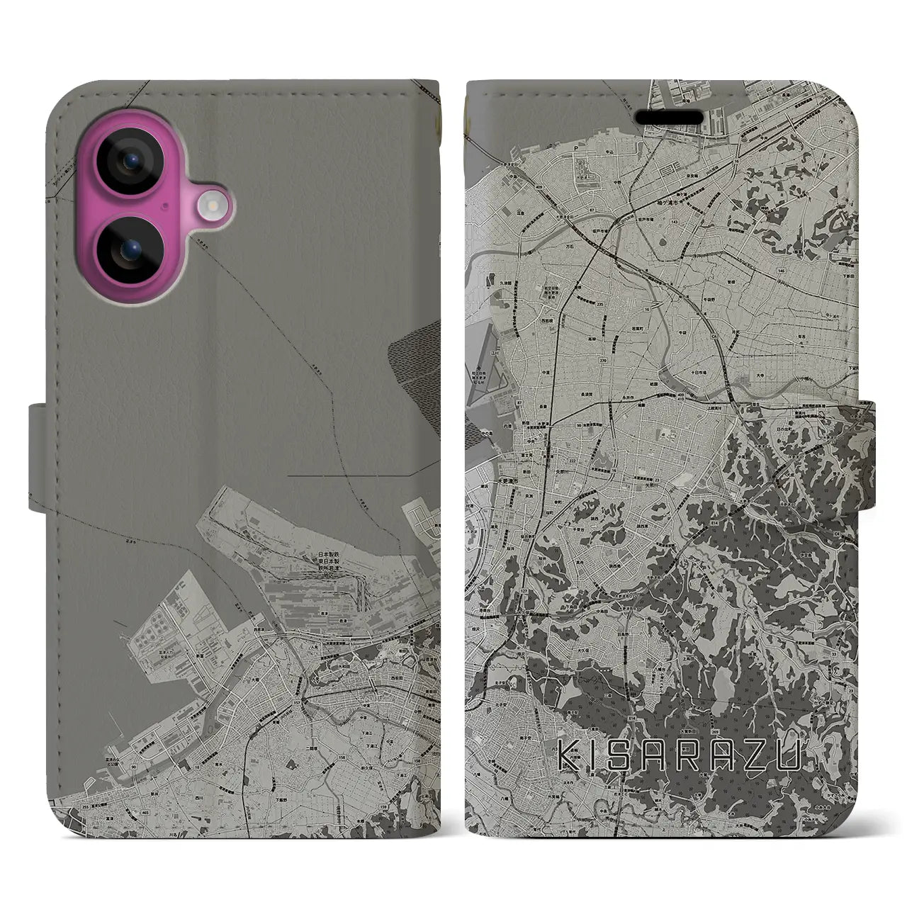 【木更津(千葉県)】地図柄iPhoneケース(手帳タイプ)モノトーン・iPhone 16 Pro 用