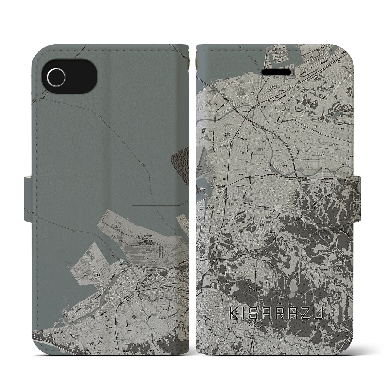 【木更津(千葉県)】地図柄iPhoneケース(手帳タイプ)モノトーン・iPhone SE(第3 / 第2世代) / 8 / 7 / 6s / 6 用