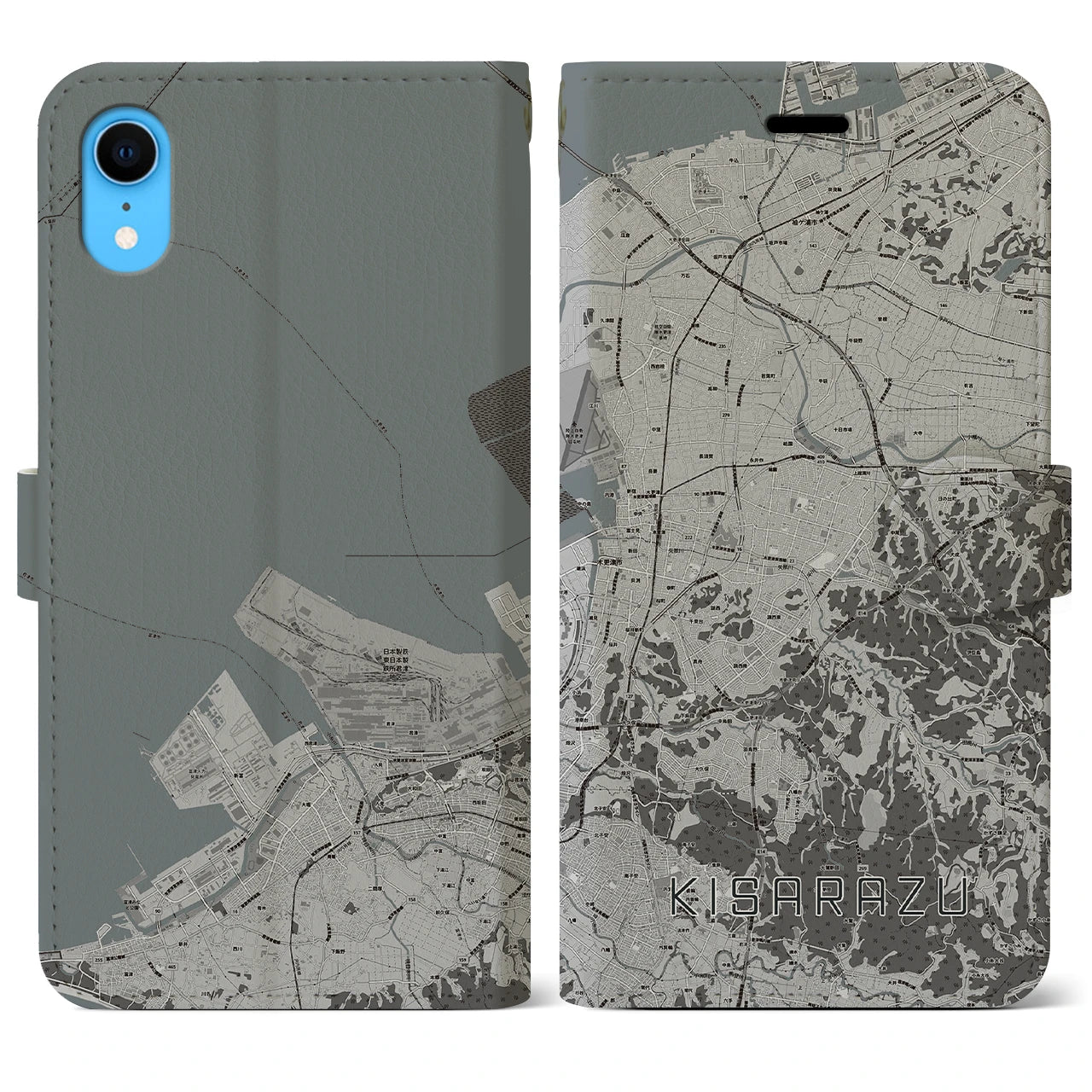 【木更津(千葉県)】地図柄iPhoneケース(手帳タイプ)モノトーン・iPhone XR 用