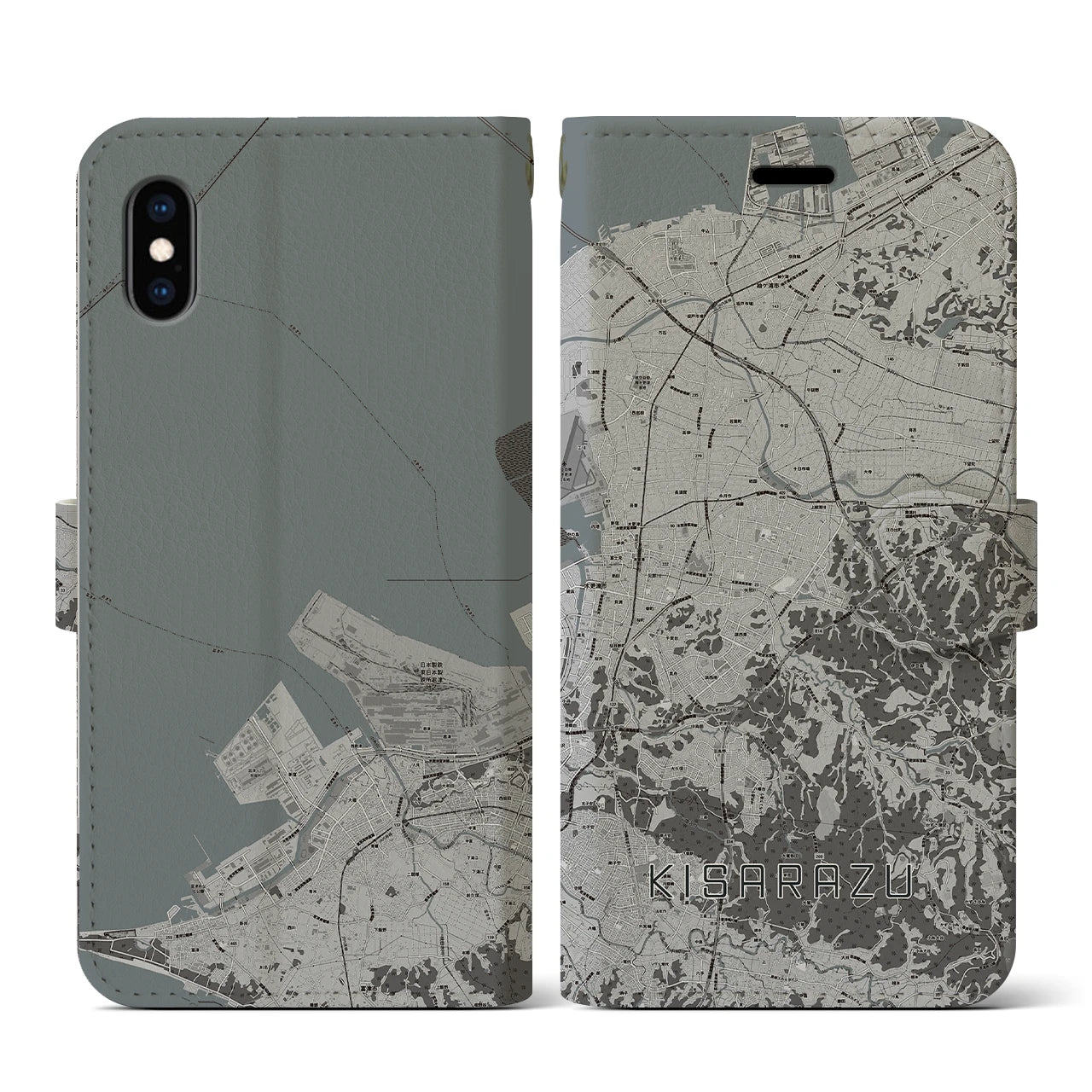 【木更津(千葉県)】地図柄iPhoneケース(手帳タイプ)モノトーン・iPhone XS / X 用