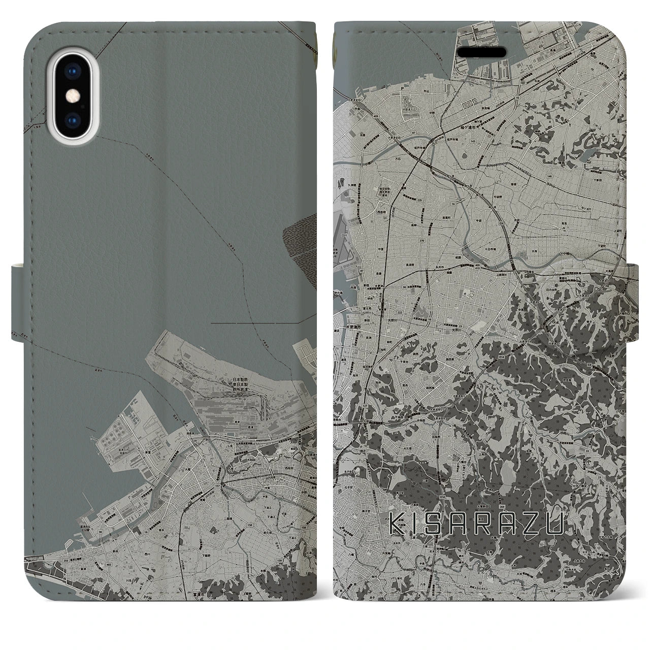 【木更津(千葉県)】地図柄iPhoneケース(手帳タイプ)モノトーン・iPhone XS Max 用