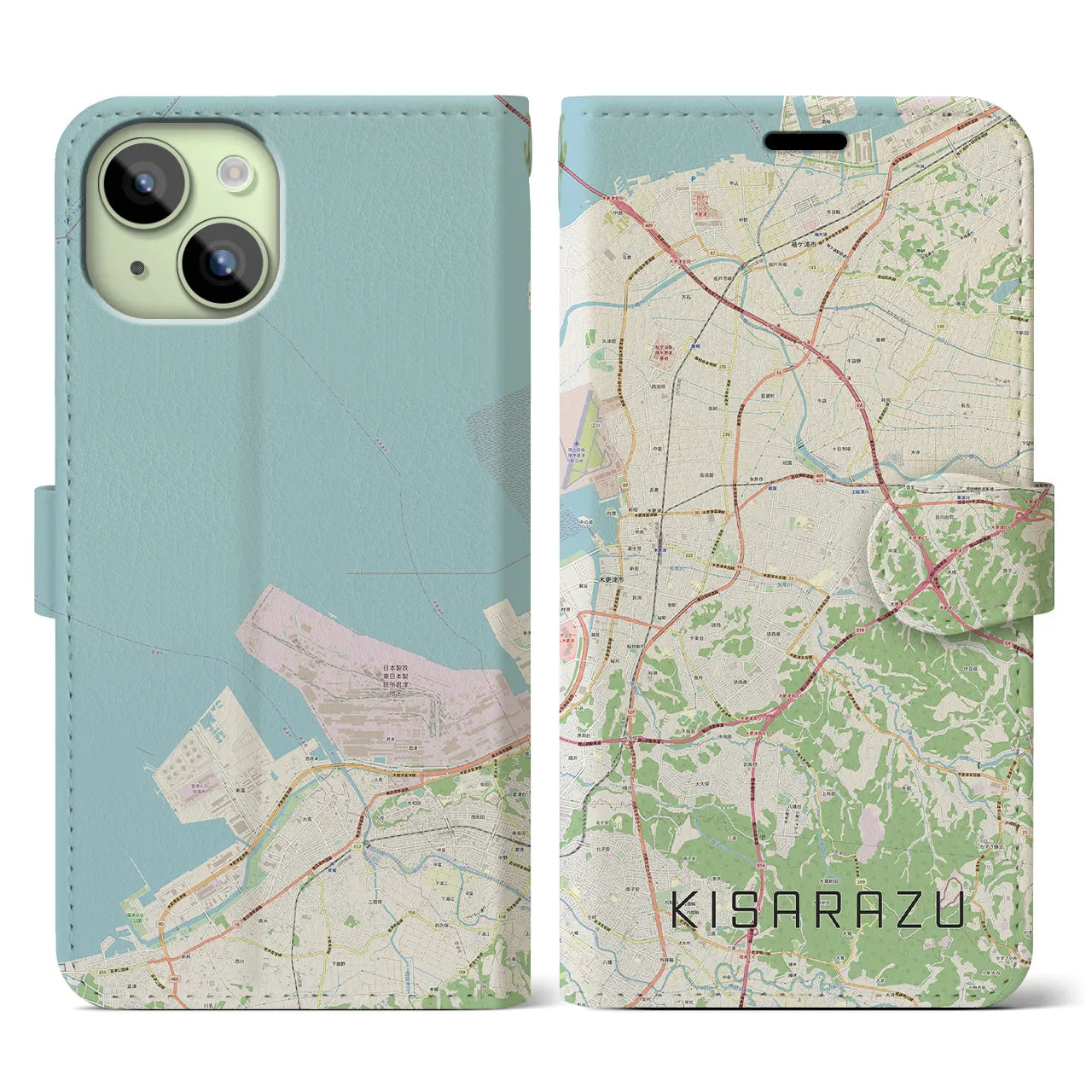 【木更津(千葉県)】地図柄iPhoneケース(手帳タイプ)ナチュラル・iPhone 15 用