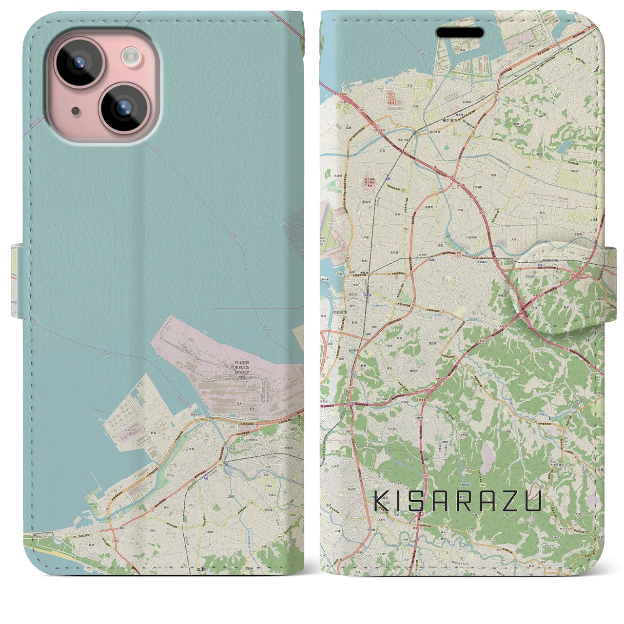 【木更津(千葉県)】地図柄iPhoneケース(手帳タイプ)ナチュラル・iPhone 15 Plus 用