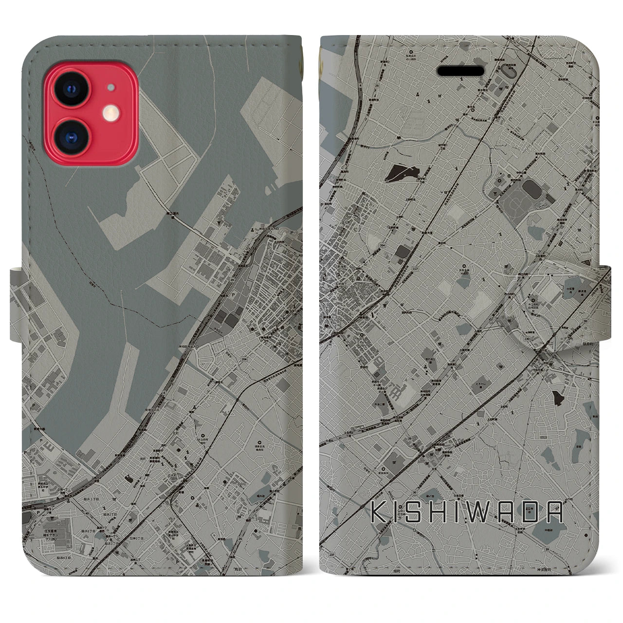 【岸和田(大阪府)】地図柄iPhoneケース(手帳タイプ)モノトーン・iPhone 11 用
