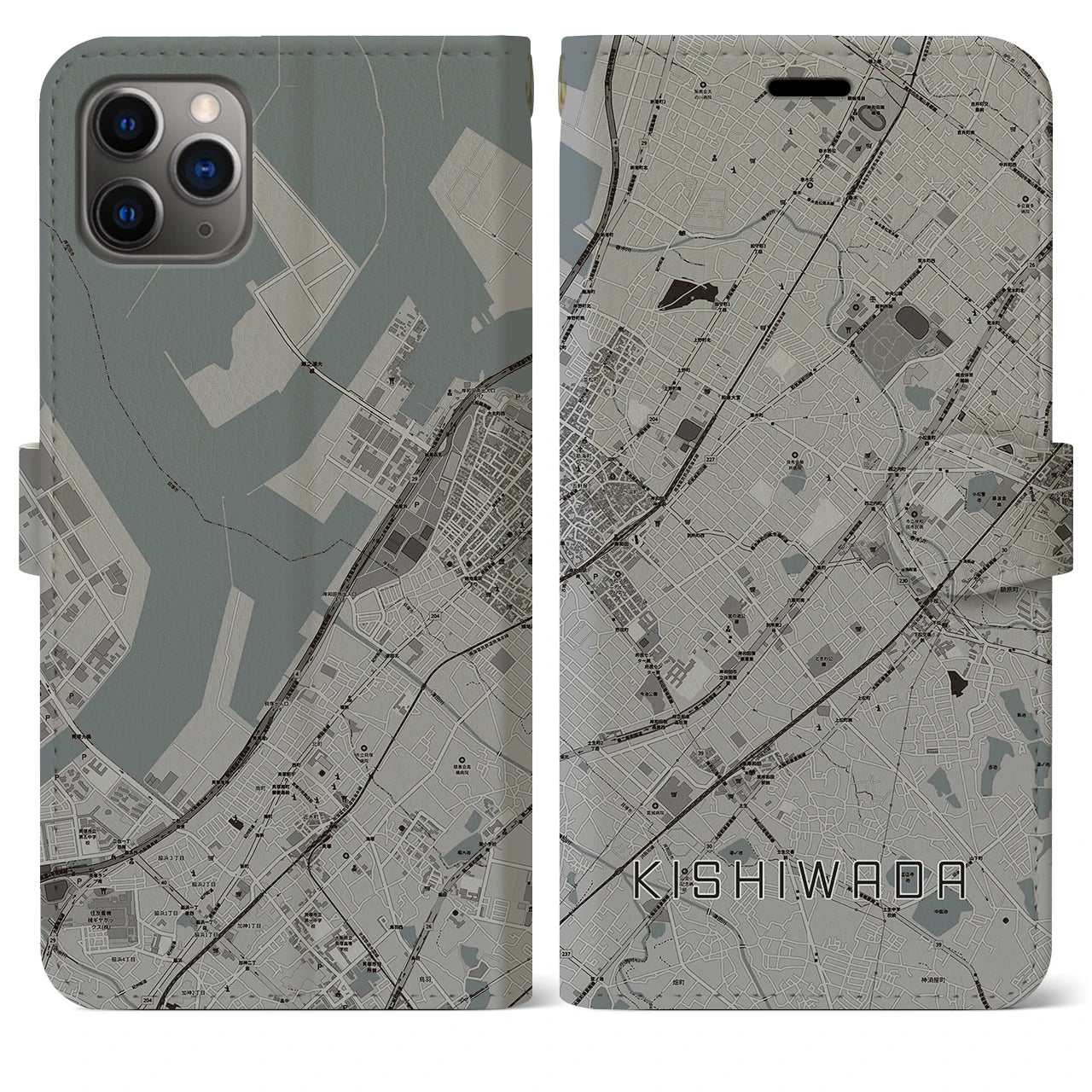 【岸和田(大阪府)】地図柄iPhoneケース(手帳タイプ)モノトーン・iPhone 11 Pro Max 用