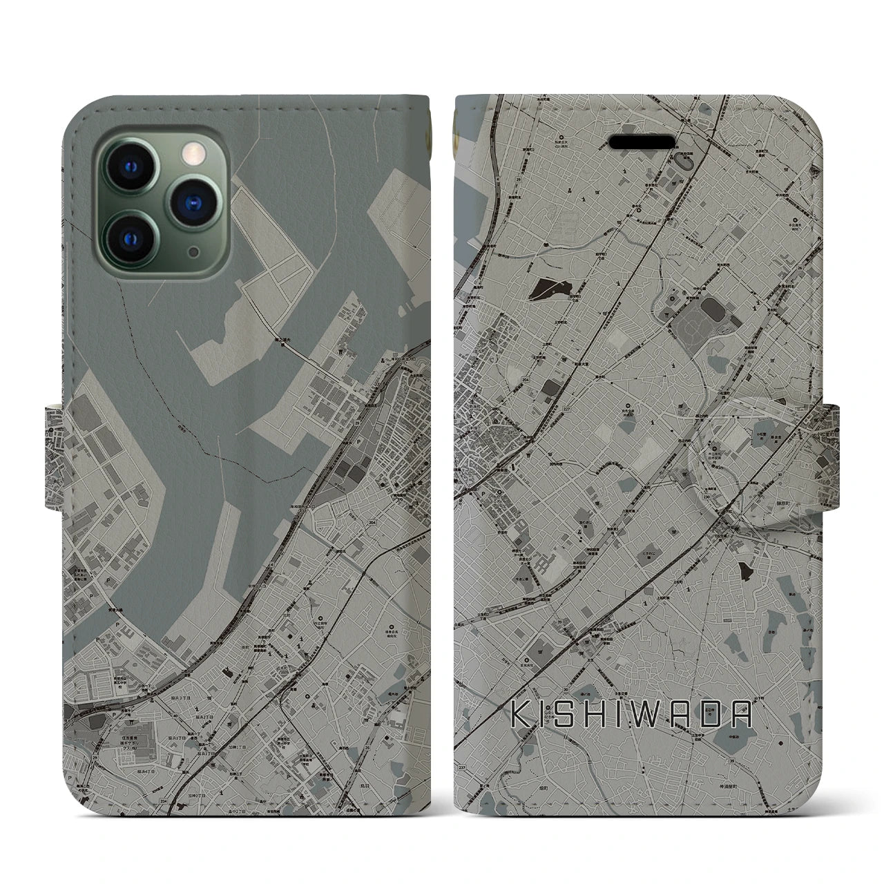 【岸和田(大阪府)】地図柄iPhoneケース(手帳タイプ)モノトーン・iPhone 11 Pro 用
