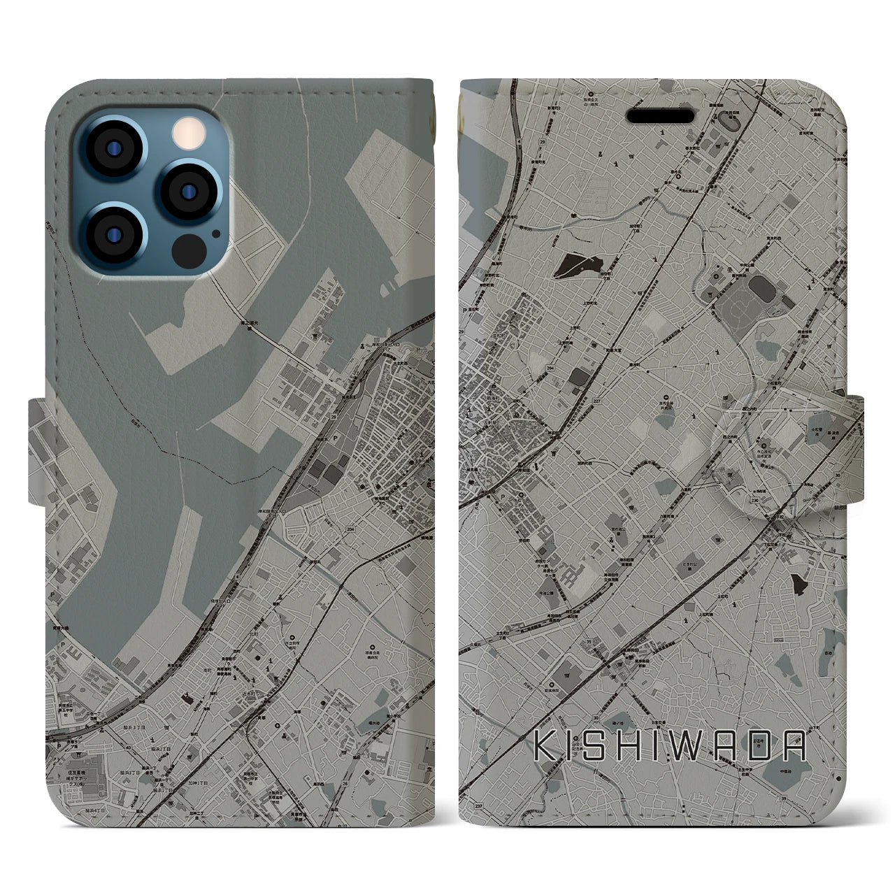 【岸和田(大阪府)】地図柄iPhoneケース(手帳タイプ)モノトーン・iPhone 12 / 12 Pro 用