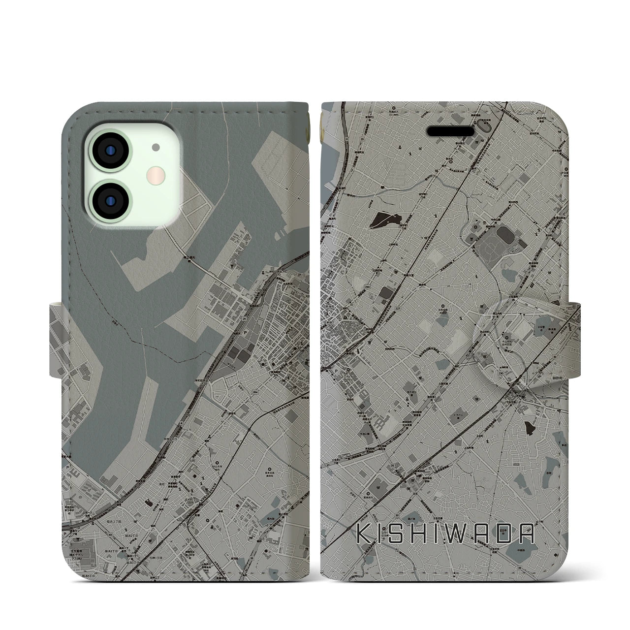 【岸和田(大阪府)】地図柄iPhoneケース(手帳タイプ)モノトーン・iPhone 12 mini 用