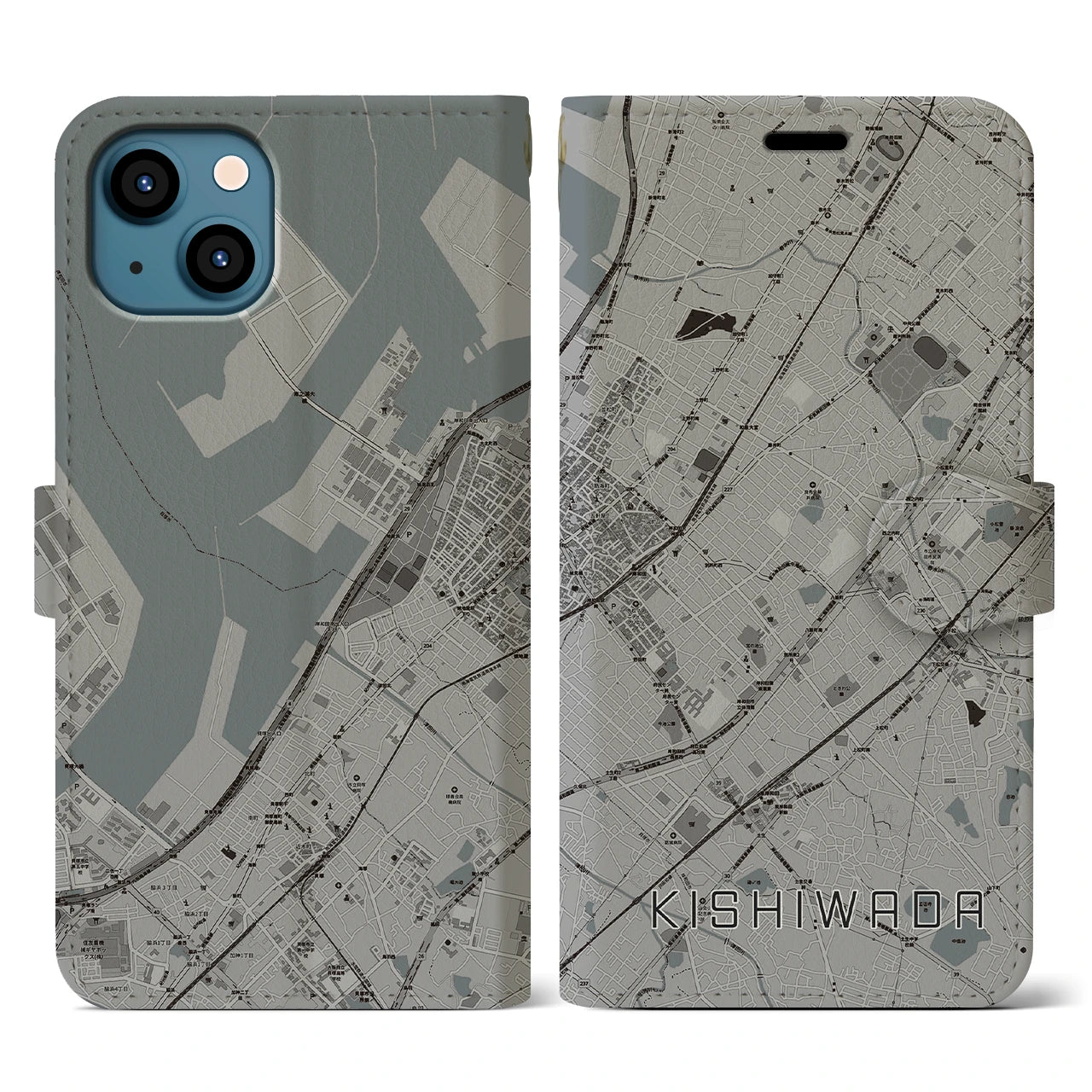 【岸和田(大阪府)】地図柄iPhoneケース(手帳タイプ)モノトーン・iPhone 13 用