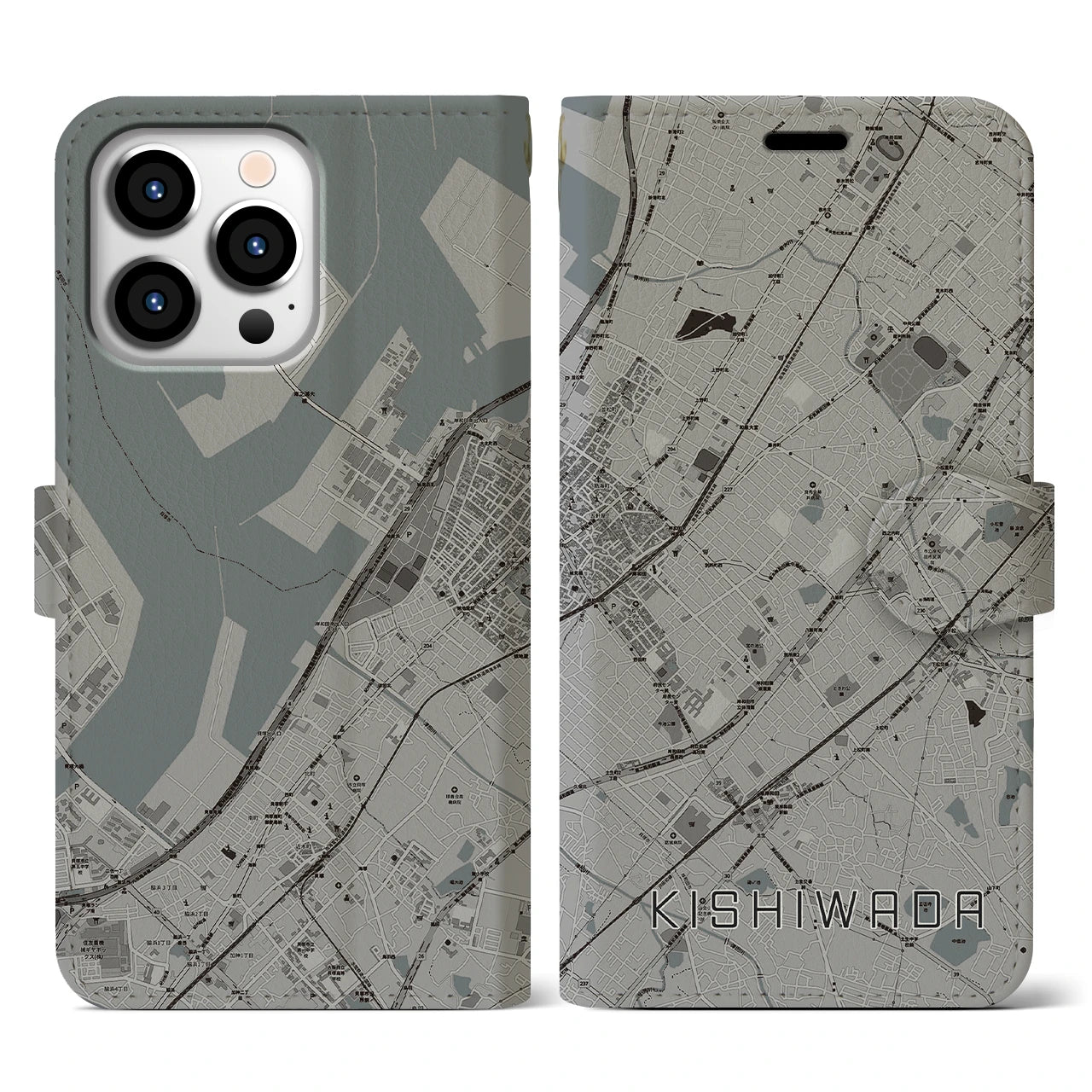 【岸和田(大阪府)】地図柄iPhoneケース(手帳タイプ)モノトーン・iPhone 13 Pro 用