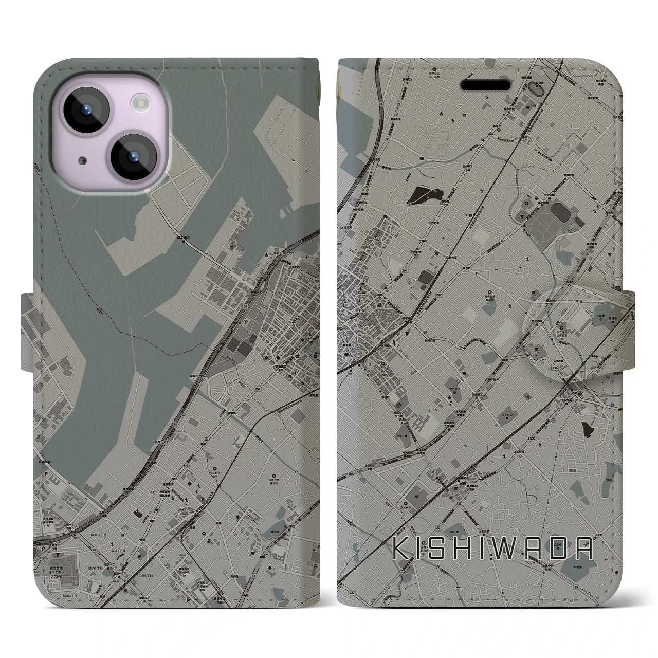 【岸和田(大阪府)】地図柄iPhoneケース(手帳タイプ)モノトーン・iPhone 14 用