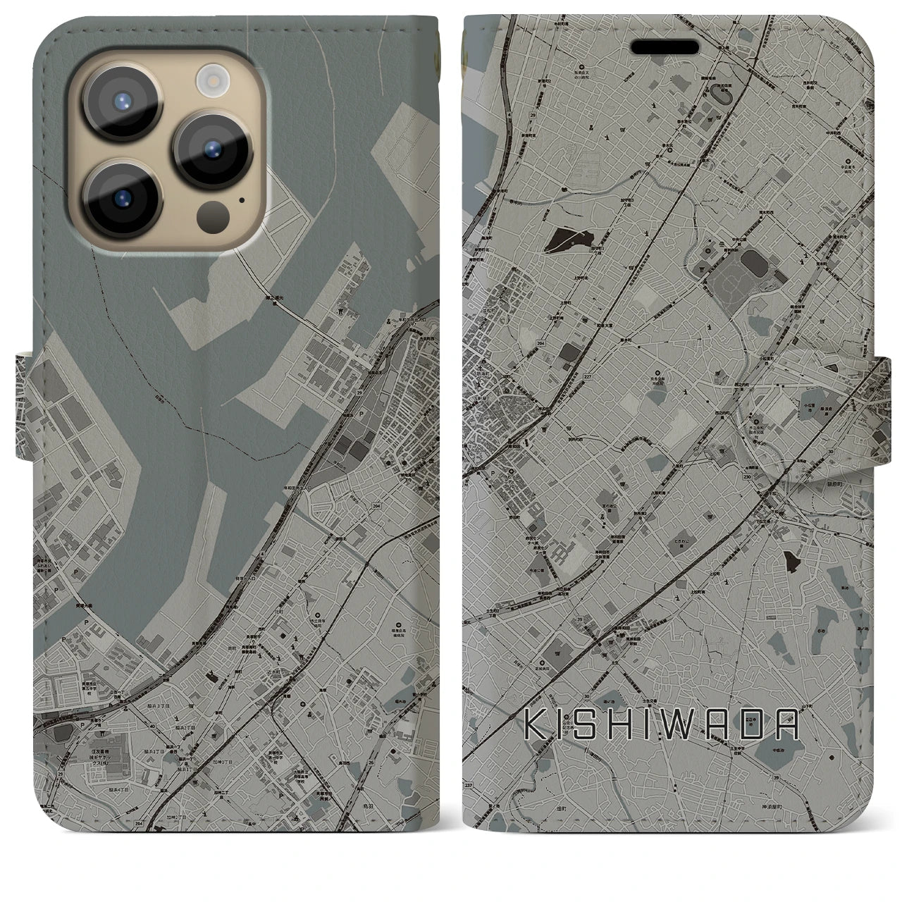 【岸和田(大阪府)】地図柄iPhoneケース(手帳タイプ)モノトーン・iPhone 14 Pro Max 用
