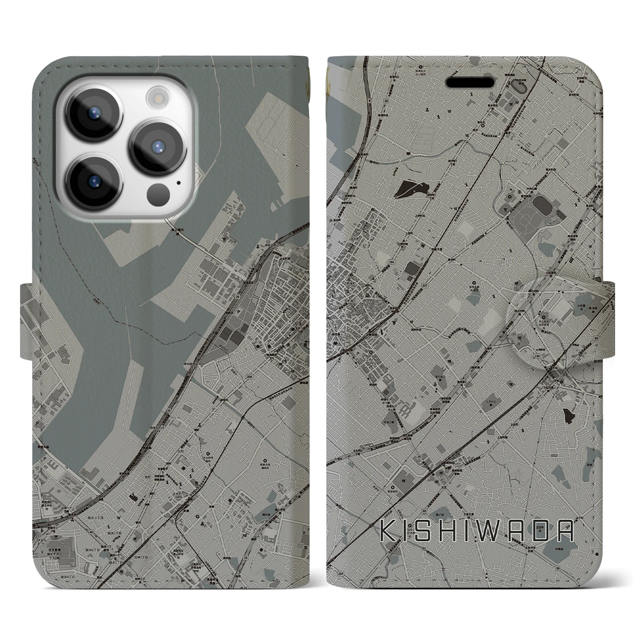 【岸和田(大阪府)】地図柄iPhoneケース(手帳タイプ)モノトーン・iPhone 14 Pro 用