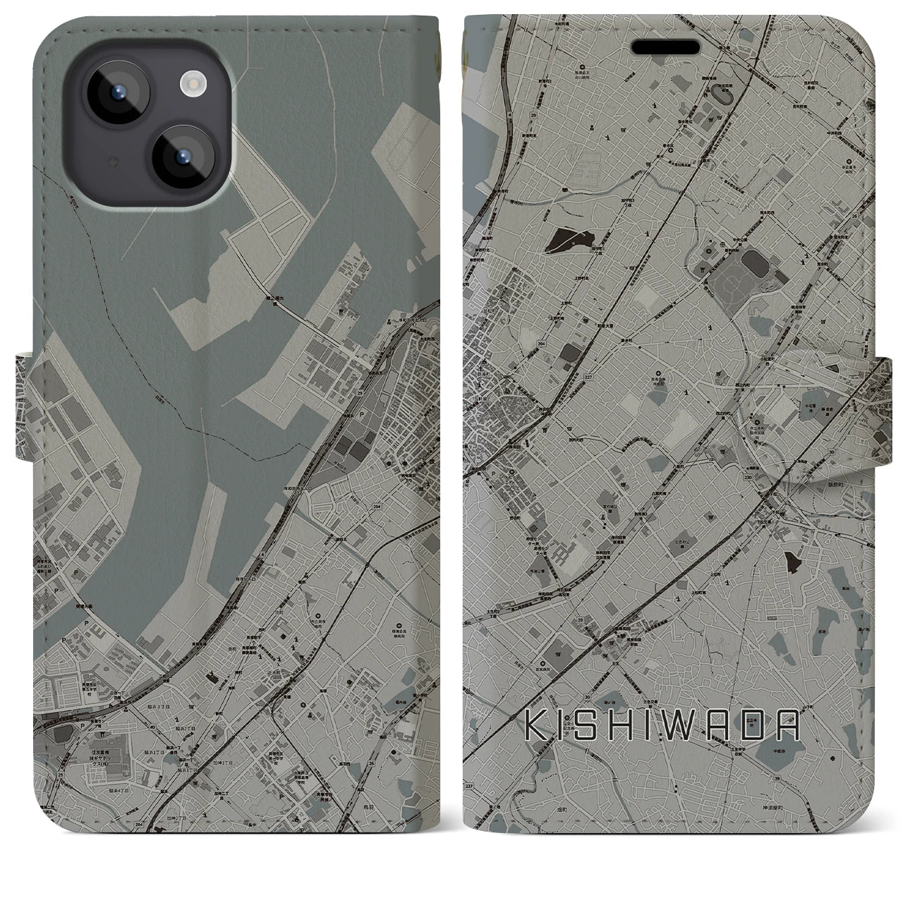 【岸和田(大阪府)】地図柄iPhoneケース(手帳タイプ)モノトーン・iPhone 14 Plus 用