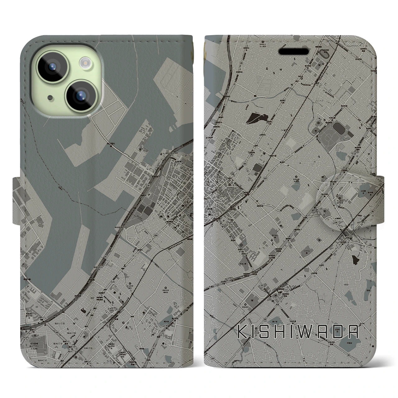 【岸和田(大阪府)】地図柄iPhoneケース(手帳タイプ)モノトーン・iPhone 15 用