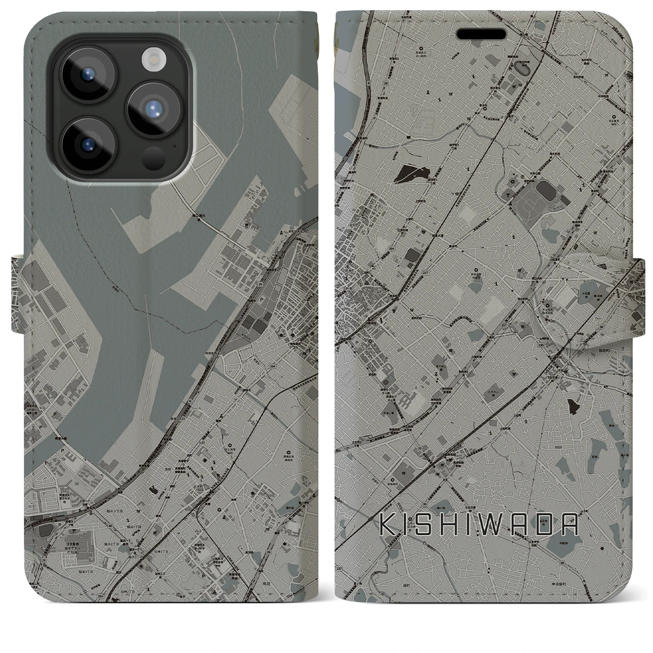 【岸和田(大阪府)】地図柄iPhoneケース(手帳タイプ)モノトーン・iPhone 15 Pro Max 用