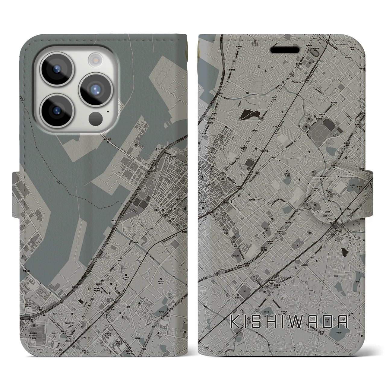 【岸和田(大阪府)】地図柄iPhoneケース(手帳タイプ)モノトーン・iPhone 15 Pro 用