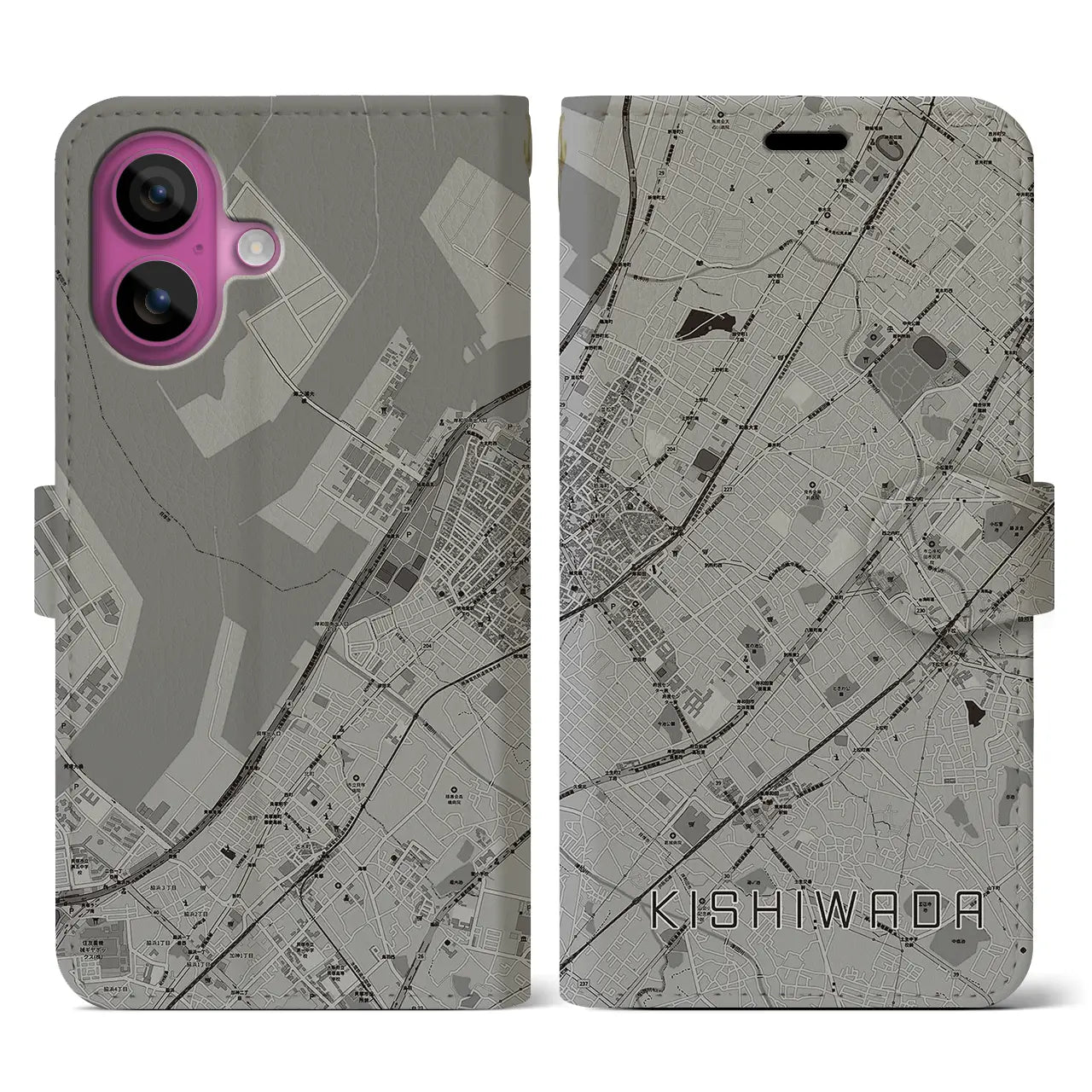 【岸和田(大阪府)】地図柄iPhoneケース(手帳タイプ)モノトーン・iPhone 16 Pro 用