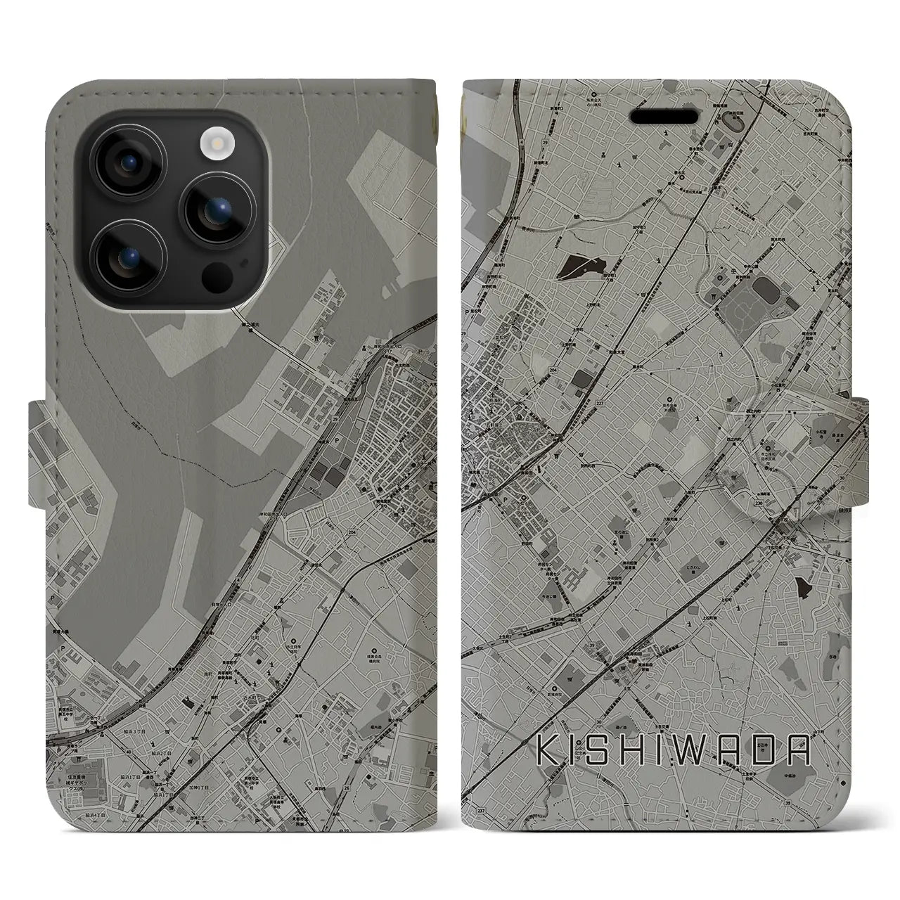 【岸和田(大阪府)】地図柄iPhoneケース(手帳タイプ)モノトーン・iPhone 16 用