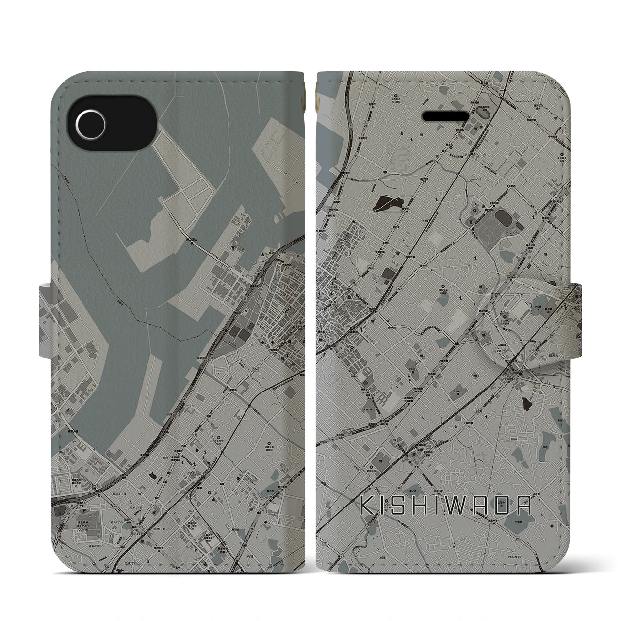 【岸和田(大阪府)】地図柄iPhoneケース(手帳タイプ)モノトーン・iPhone SE(第3 / 第2世代) / 8 / 7 / 6s / 6 用