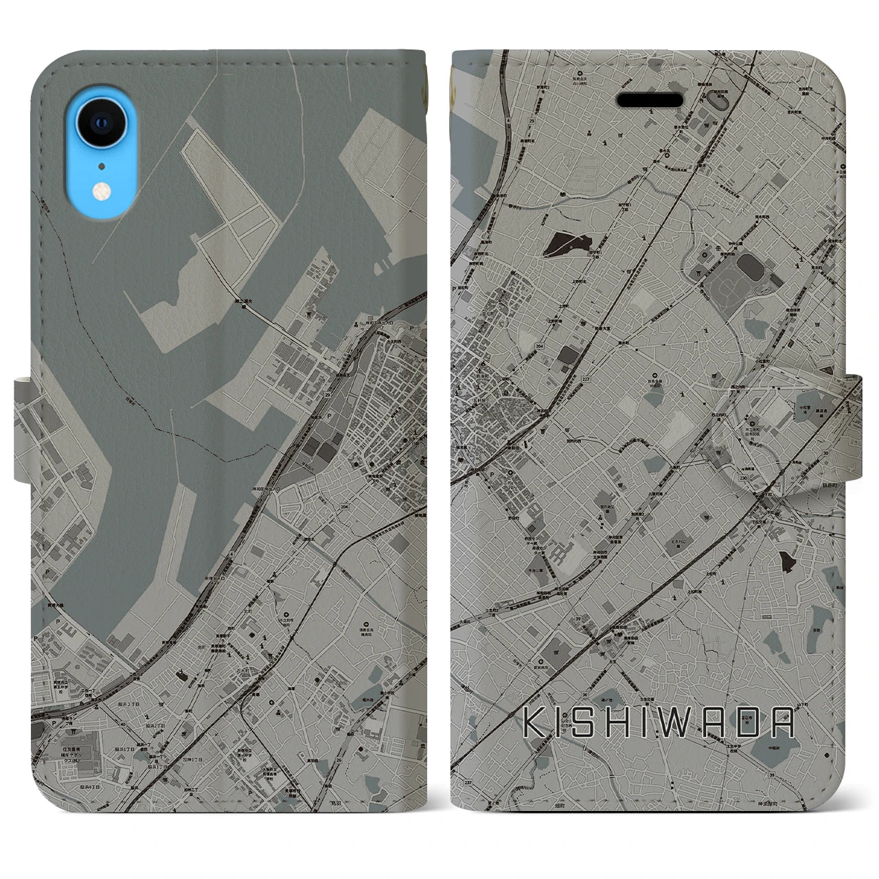 【岸和田(大阪府)】地図柄iPhoneケース(手帳タイプ)モノトーン・iPhone XR 用