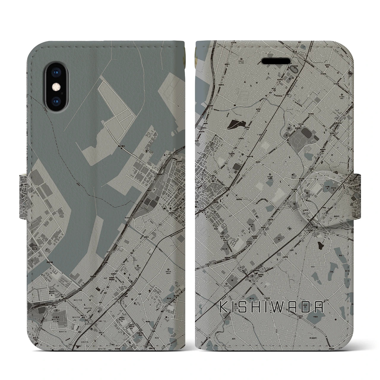 【岸和田(大阪府)】地図柄iPhoneケース(手帳タイプ)モノトーン・iPhone XS / X 用