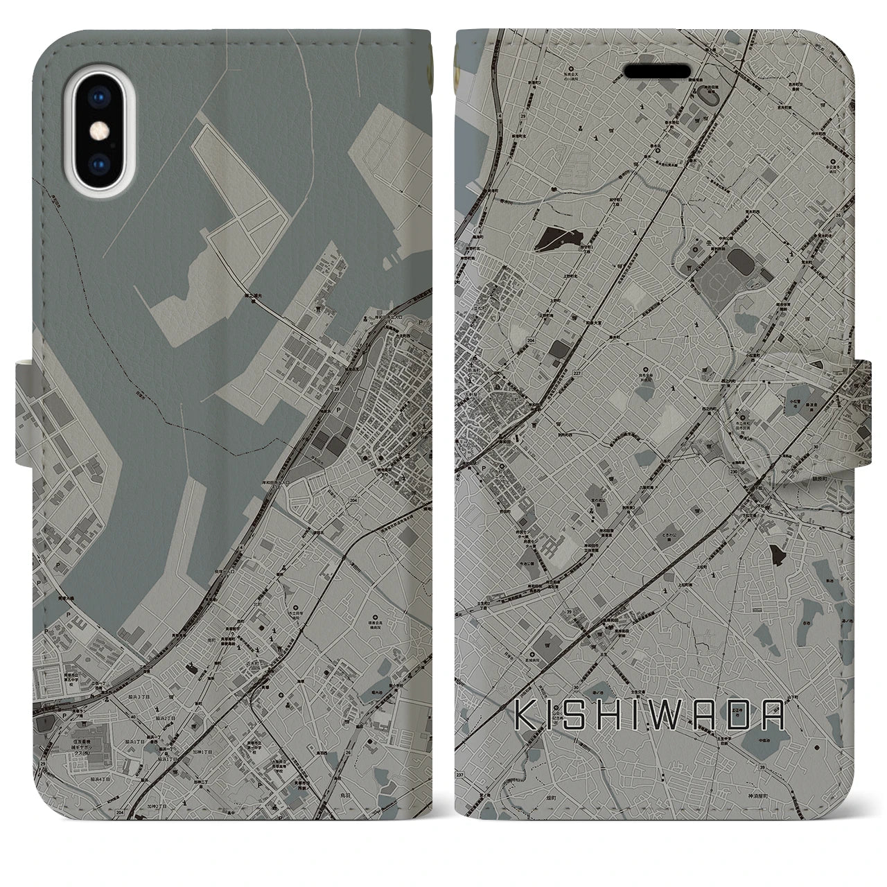 【岸和田(大阪府)】地図柄iPhoneケース(手帳タイプ)モノトーン・iPhone XS Max 用