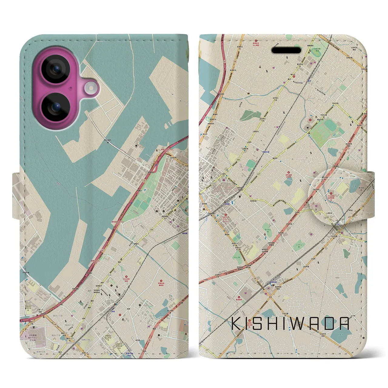 【岸和田(大阪府)】地図柄iPhoneケース(手帳タイプ)ナチュラル・iPhone 16 Pro 用