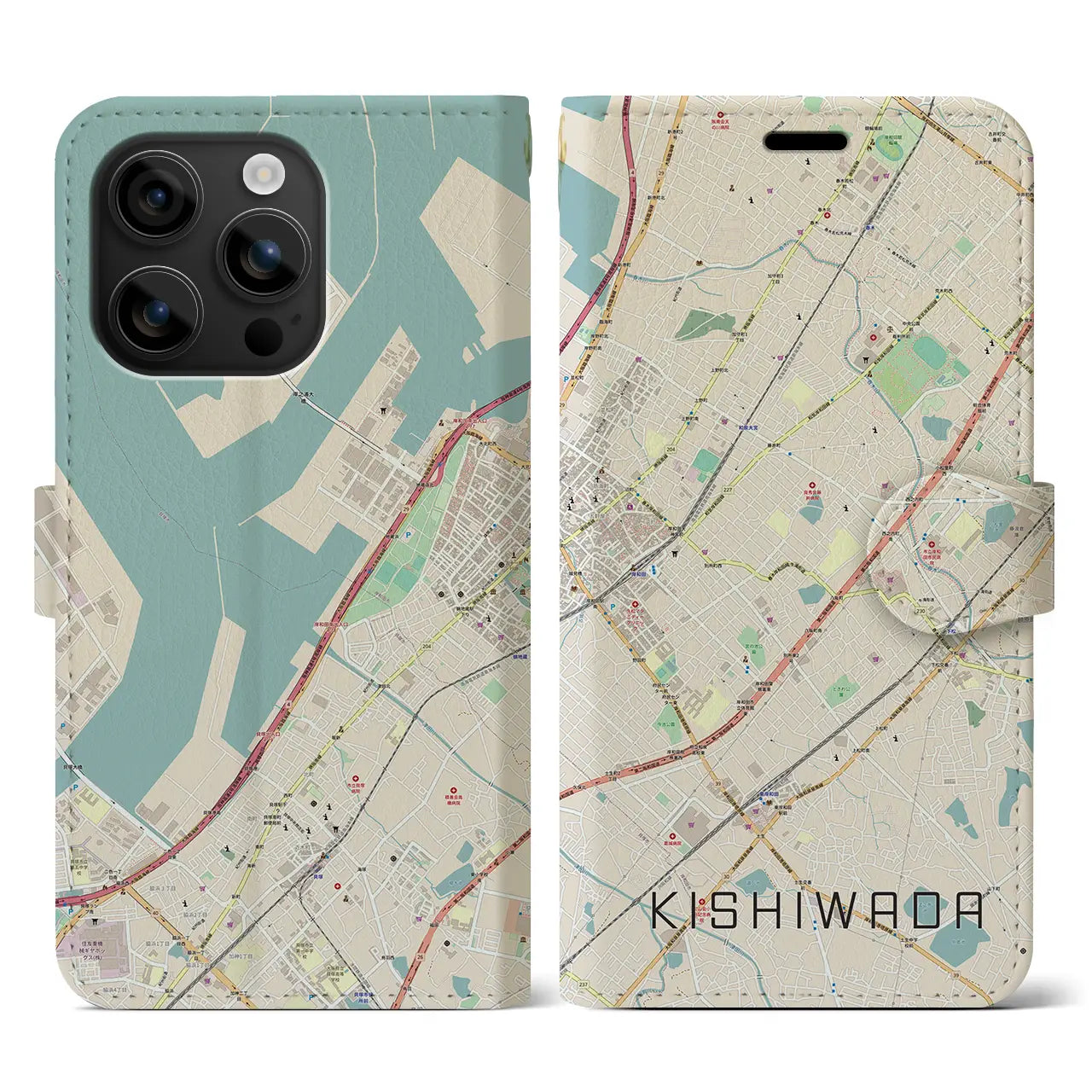 【岸和田(大阪府)】地図柄iPhoneケース(手帳タイプ)ナチュラル・iPhone 16 用