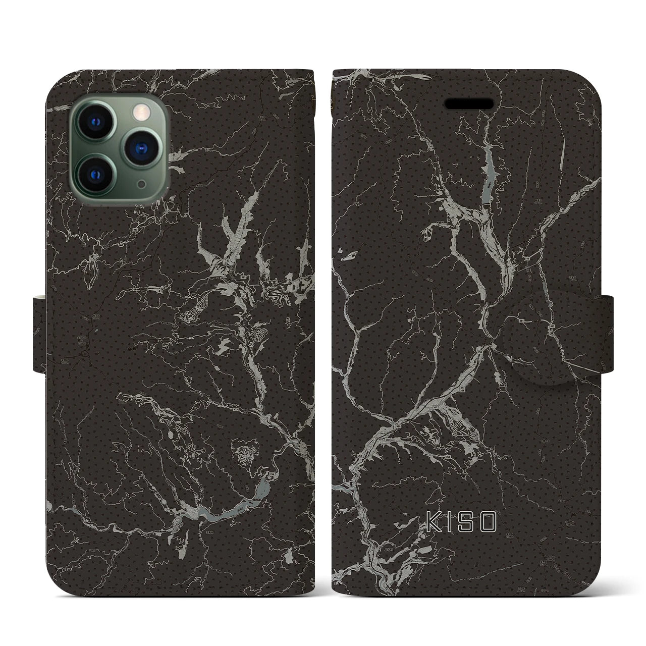 【木曽(長野県)】地図柄iPhoneケース(手帳タイプ)モノトーン・iPhone 11 Pro 用