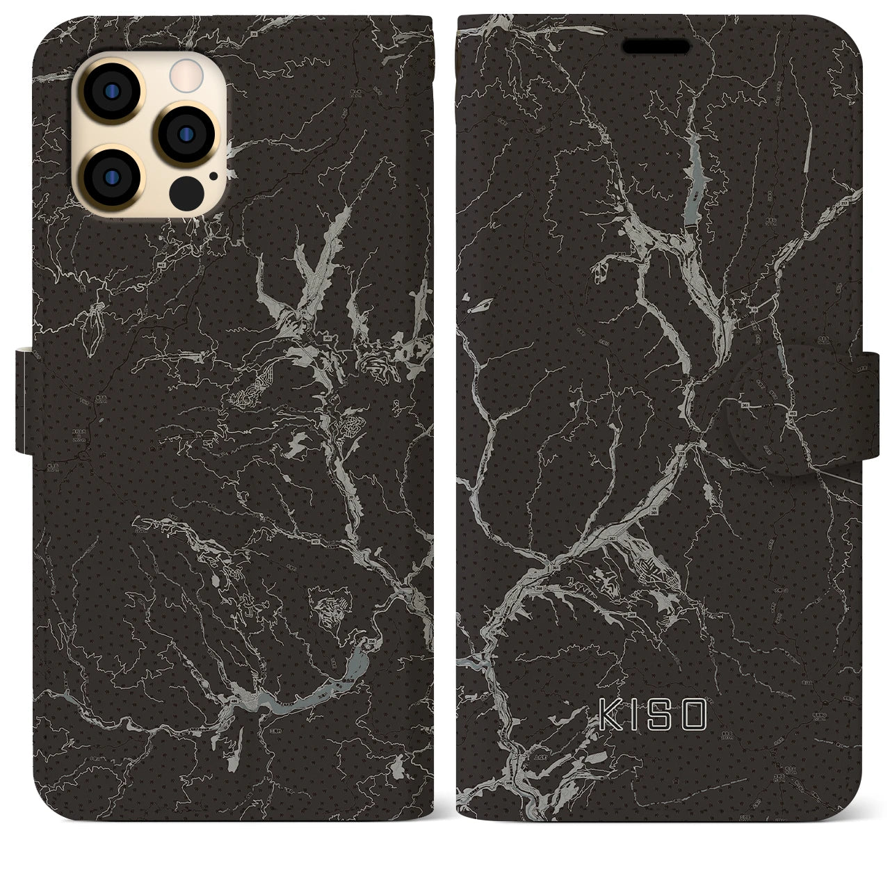 【木曽(長野県)】地図柄iPhoneケース(手帳タイプ)モノトーン・iPhone 12 Pro Max 用