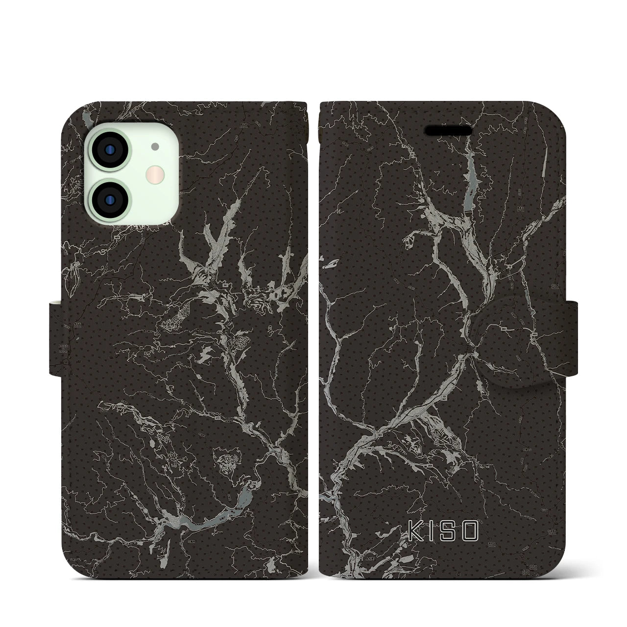 【木曽(長野県)】地図柄iPhoneケース(手帳タイプ)モノトーン・iPhone 12 mini 用