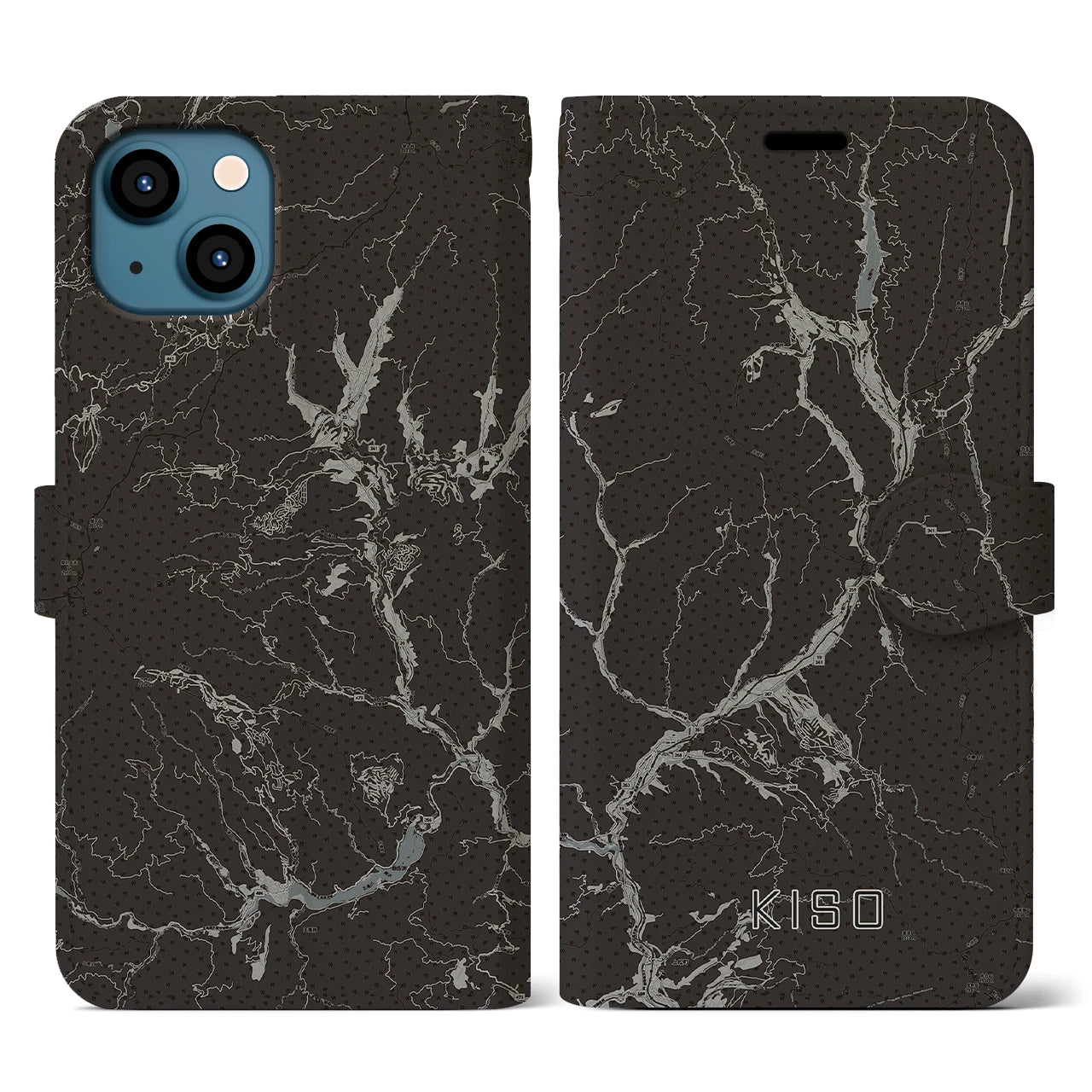 【木曽(長野県)】地図柄iPhoneケース(手帳タイプ)モノトーン・iPhone 13 用