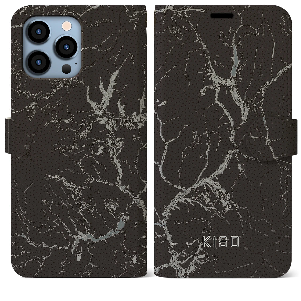 【木曽(長野県)】地図柄iPhoneケース(手帳タイプ)モノトーン・iPhone 13 Pro Max 用