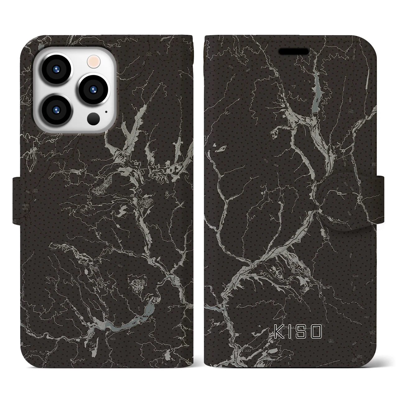 【木曽(長野県)】地図柄iPhoneケース(手帳タイプ)モノトーン・iPhone 13 Pro 用