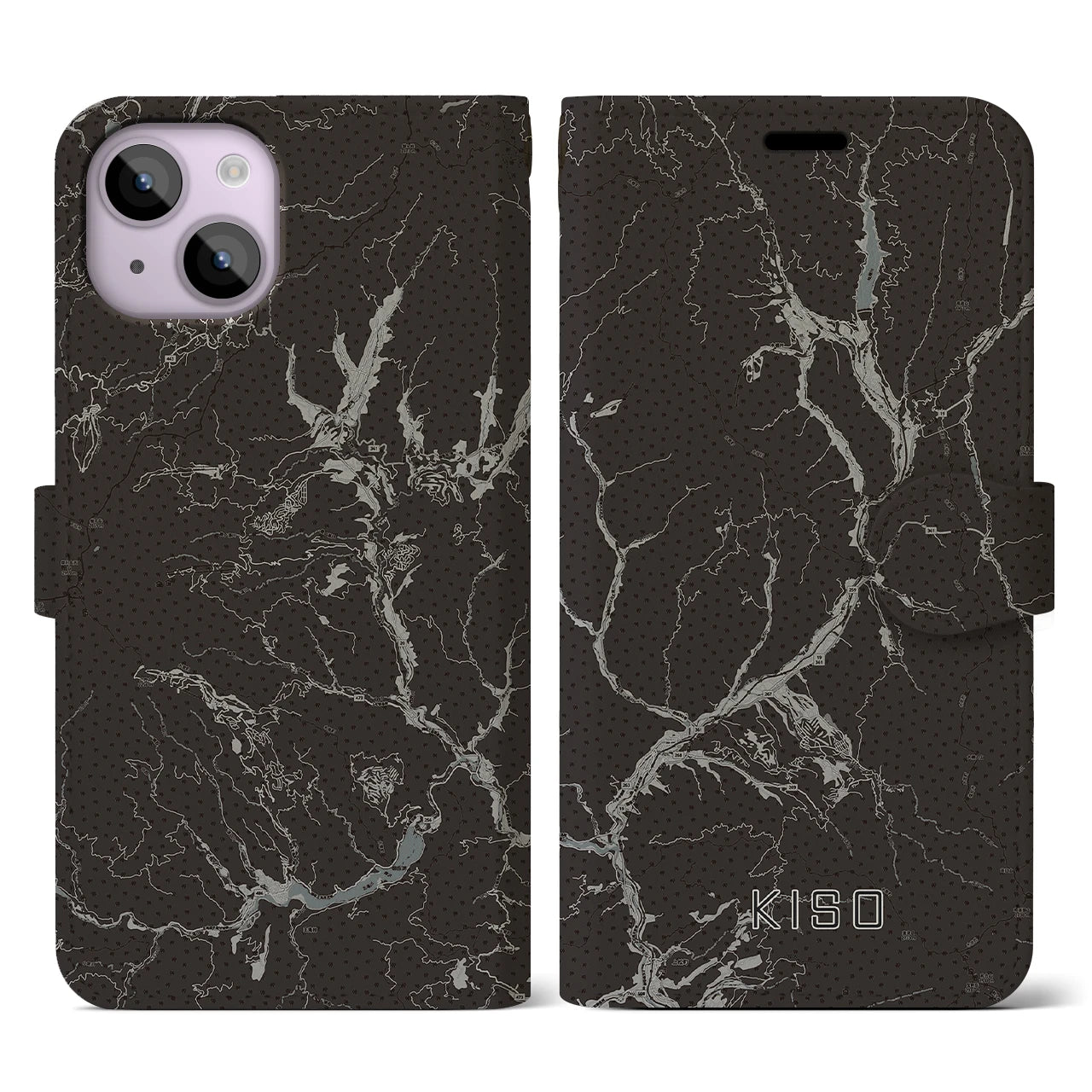 【木曽(長野県)】地図柄iPhoneケース(手帳タイプ)モノトーン・iPhone 14 用