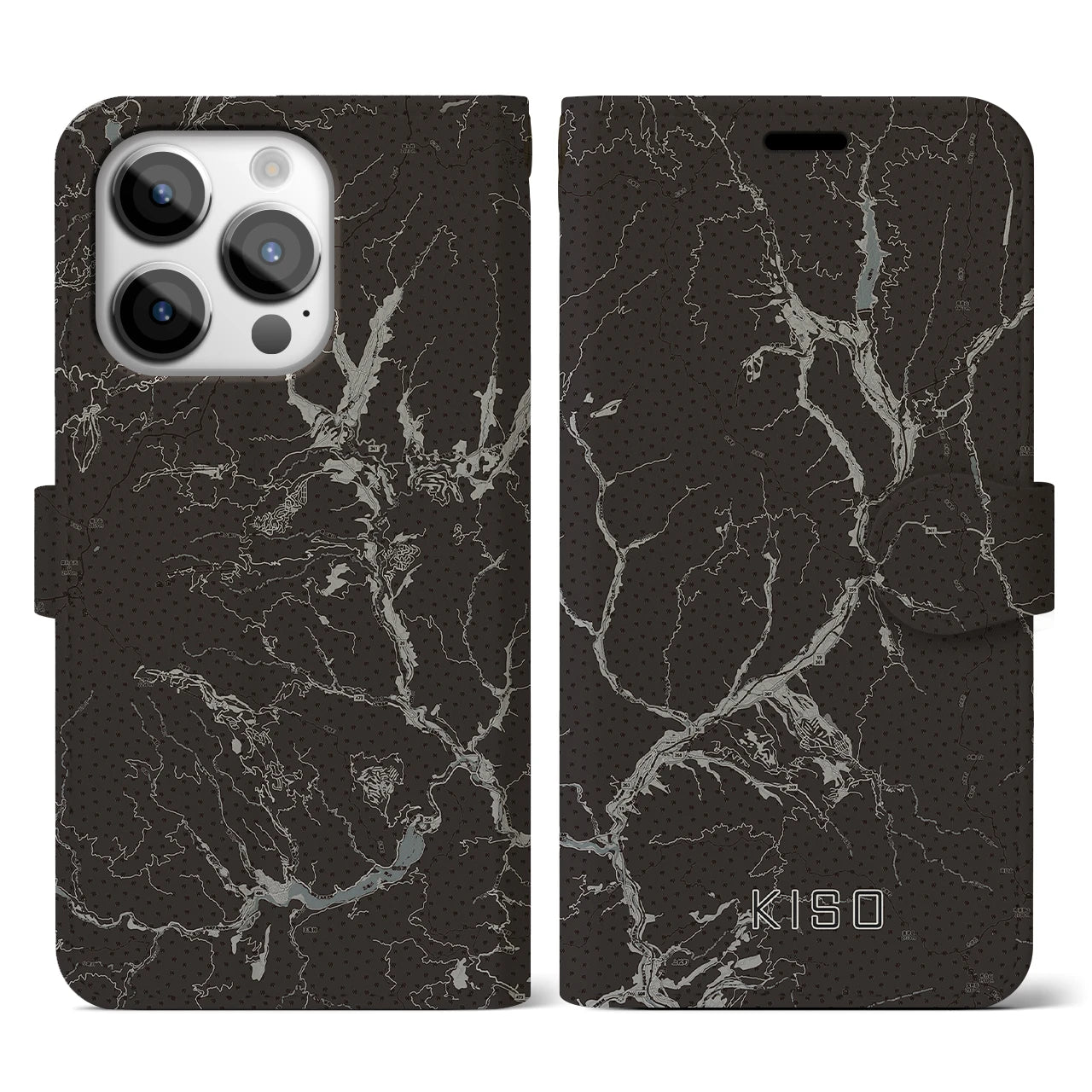 【木曽(長野県)】地図柄iPhoneケース(手帳タイプ)モノトーン・iPhone 14 Pro 用