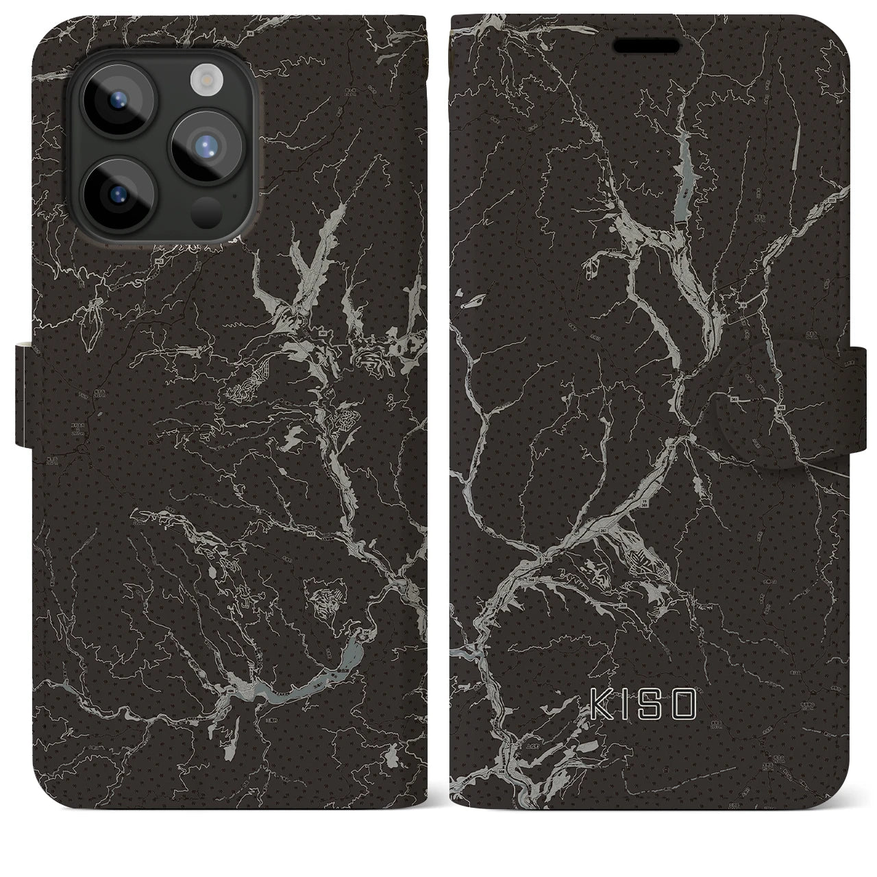 【木曽(長野県)】地図柄iPhoneケース(手帳タイプ)モノトーン・iPhone 15 Pro Max 用