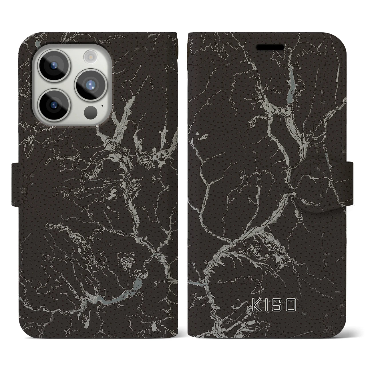 【木曽(長野県)】地図柄iPhoneケース(手帳タイプ)モノトーン・iPhone 15 Pro 用