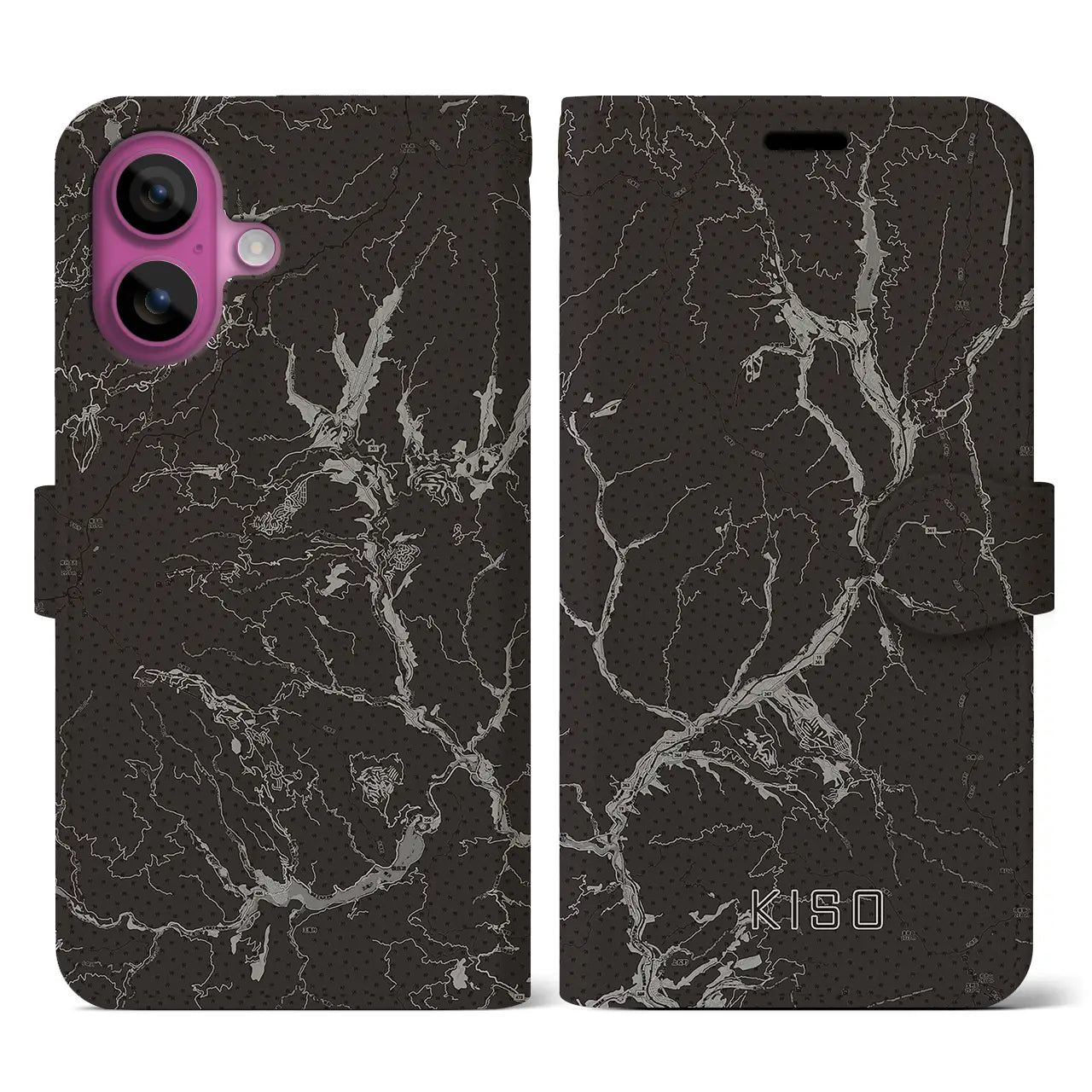 【木曽(長野県)】地図柄iPhoneケース(手帳タイプ)モノトーン・iPhone 16 Pro 用