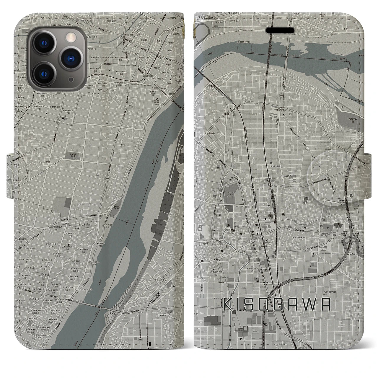 【木曽川(愛知県)】地図柄iPhoneケース(手帳タイプ)モノトーン・iPhone 11 Pro Max 用