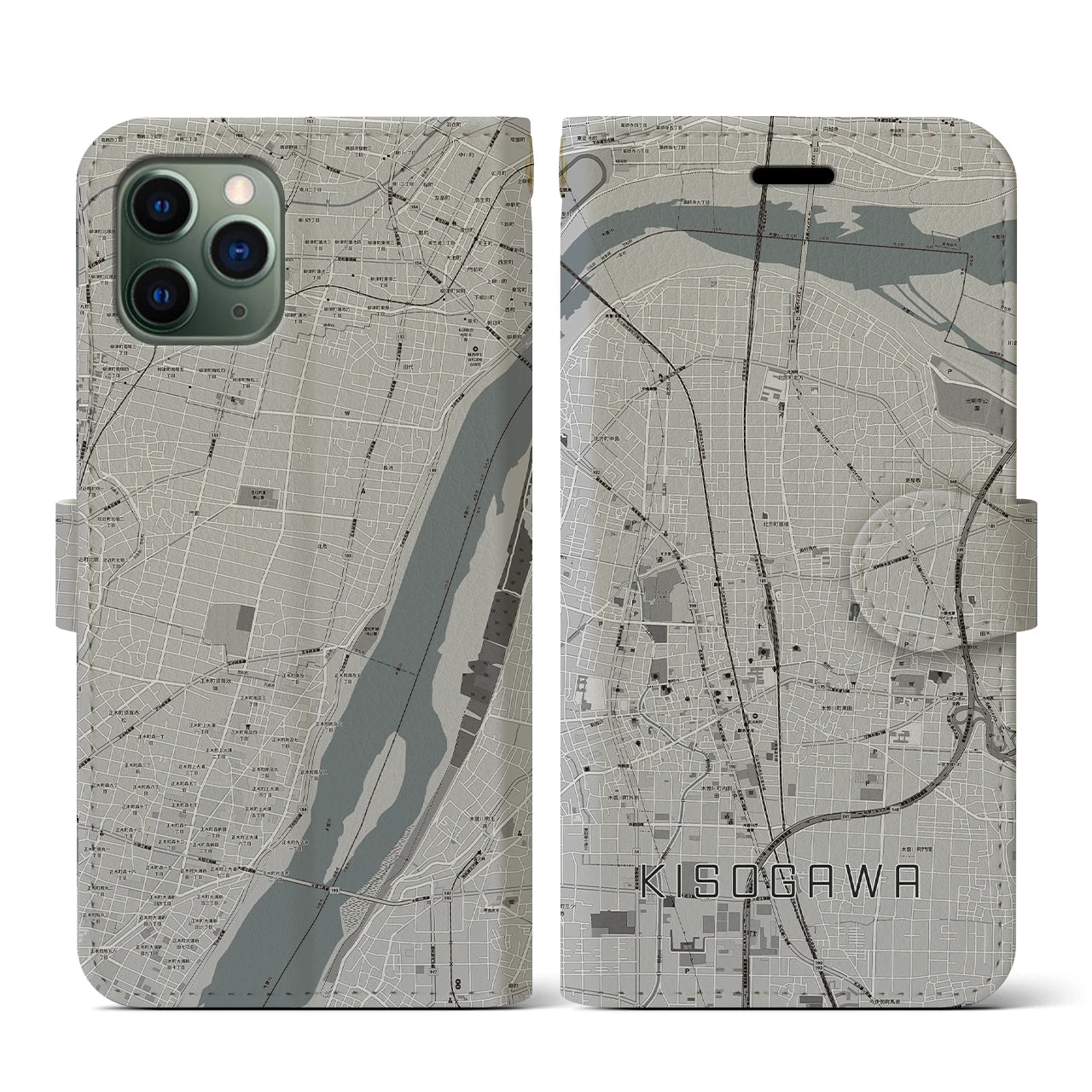 【木曽川(愛知県)】地図柄iPhoneケース(手帳タイプ)モノトーン・iPhone 11 Pro 用