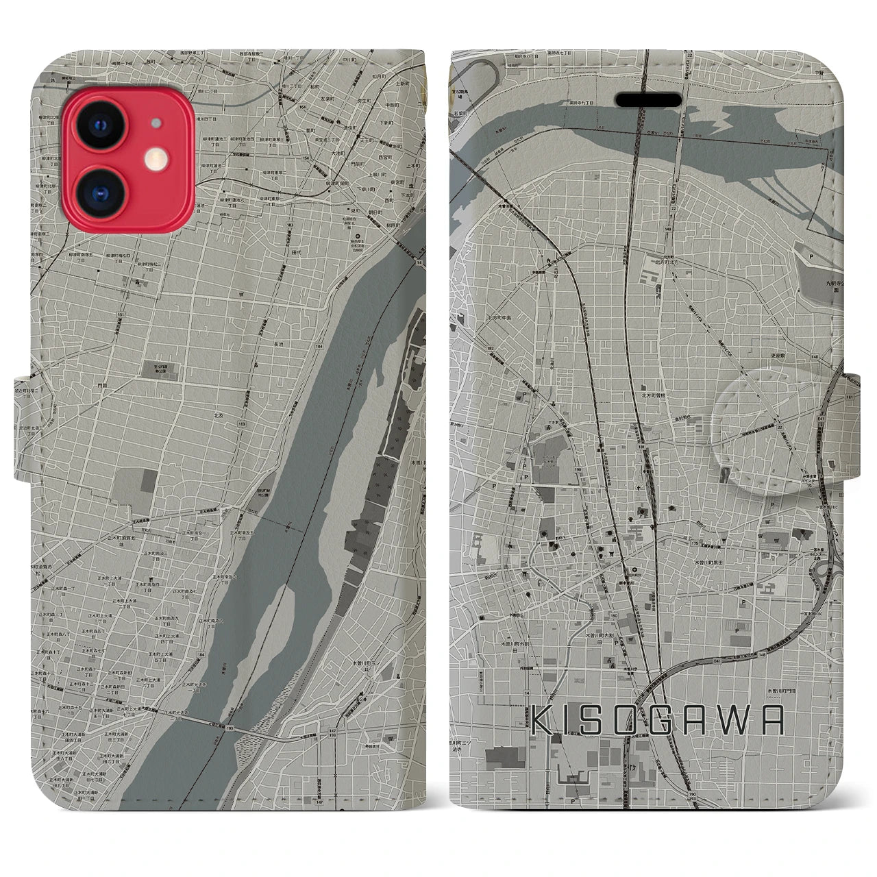 【木曽川(愛知県)】地図柄iPhoneケース(手帳タイプ)モノトーン・iPhone 11 用