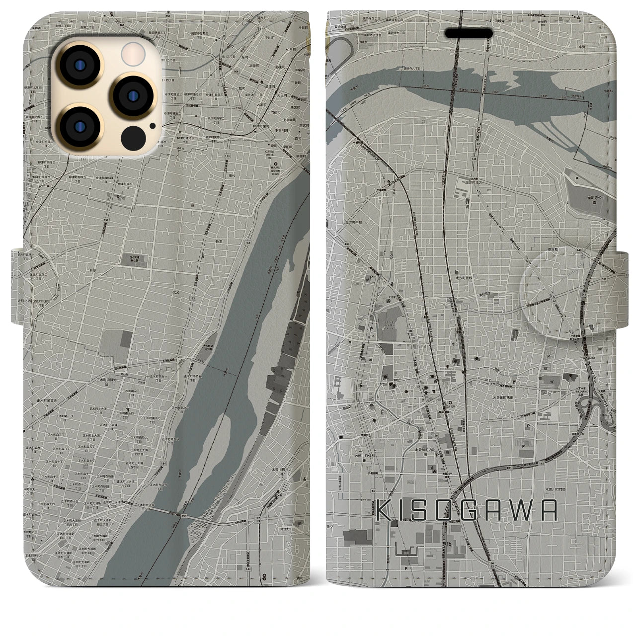 【木曽川(愛知県)】地図柄iPhoneケース(手帳タイプ)モノトーン・iPhone 12 Pro Max 用