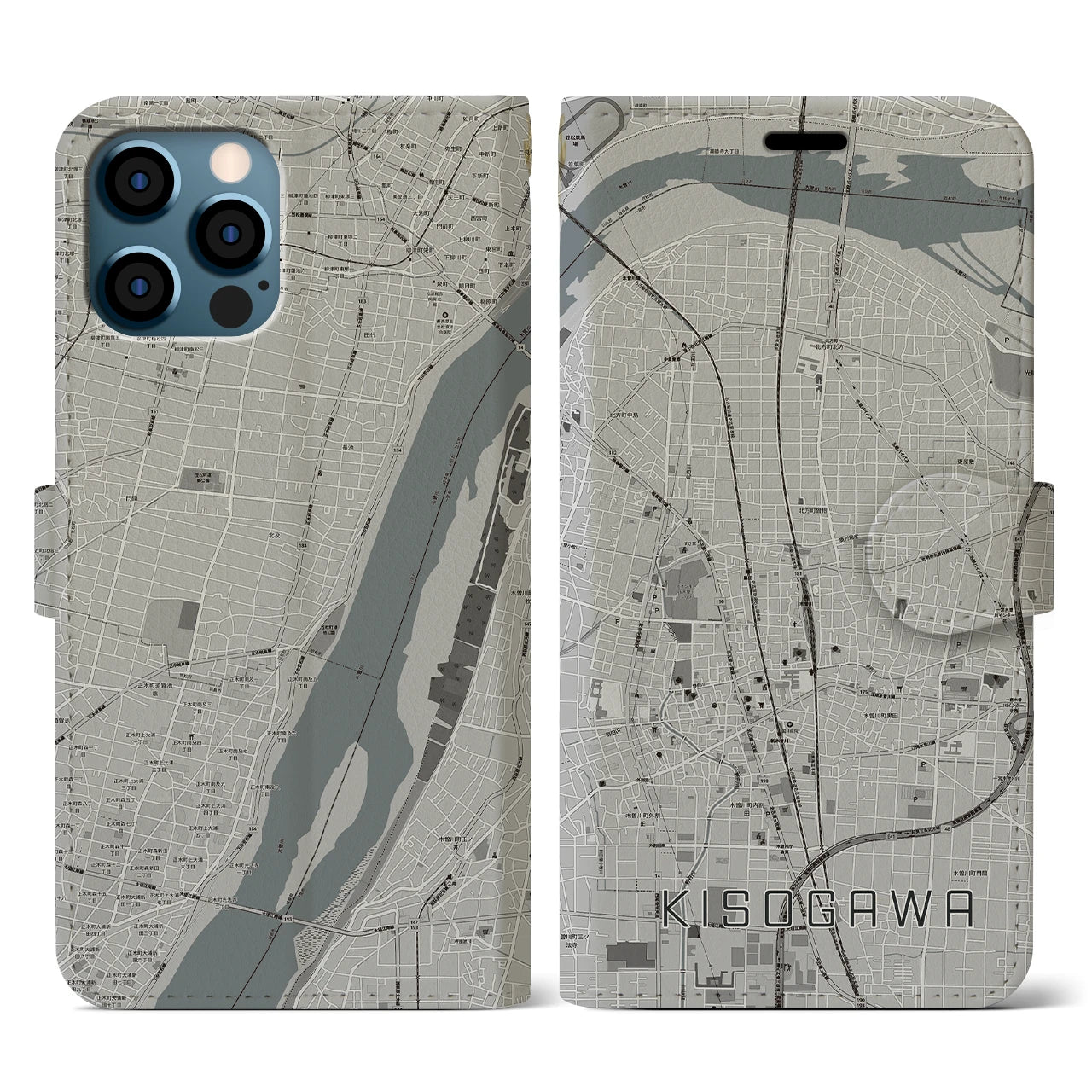 【木曽川(愛知県)】地図柄iPhoneケース(手帳タイプ)モノトーン・iPhone 12 / 12 Pro 用